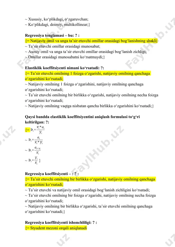 ’sir etuvchi omilning bir foizga о‘zgarishi, natijaviy omilning necha foizga о‘zgarishini kо‘rsatadi; ~ natijaviy omilning bir birlikka о‘zgarishi, ta’sir etuvchi omilning qanchaga о‘zgarishini kо‘rsatadi;} regressiya koeffitsiyenti ishonchliligi: ? : {= styudent mezoni orqali aniqlanadi ~ determinatsiya koeffitsiyenti orqali aniqlanadi ~ korrelyatsiya koeffitsiyenti orqali aniqlanadi ~ fisher mezoni orqali aniqlanadi } korrelyatsion tahlil asosida - ? : {= о‘zgaruvchi miqdorlar orasidagi о‘zaro munosabat о‘rganiladi; ~ doimiy miqdorlar orasidagi о‘zaro munosabat о‘rganiladi; ~ о‘zgaruvchi miqdorlarning real jarayonga mos kelishi о‘rganiladi; ~ о‘zgarmas miqdorlarning real jarayonga mos kelishi о‘rganiladi;} kobba-dugalas ishlab chiqarish funksiyasi - bu: ?: {= bir jinsli, n – darajali funksiya; ~ bir jinsli, birinchi darajali funksiya; ~ bir jinsli, ikkinchi darajali funksiya; ~ bir jinsli, chiziqli funksiya; } ushbu funksiyalardan qaysi biri chiziqli funksiya ?: {= y=a+bx; ~y=a+b/x; ~y=a+bx2; ~y=a+bx+c/x2; } eng kichik kvadratlar usulidan: ? : {= dinamik qatorlarni tekislash uchun foydalaniladi; ~ omillar orasidagi bog‘lanish zichligini aniqlashda foydalaniladi; …
