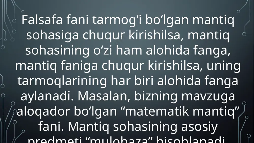 vtomatlarning barcha ish faoliyatini boshqarib turadi. rele-kontakt va elektron sxemalarni analiz va sintez qilishda mulohazalar algebrasi muhim ahamiyatga ega. har qanday sxemaga mulohazalar algebrasining biror formulasini mos qo‘yish mumkin. va aksincha, mulohazalar algebrasining har bir formulasini rele - kontakt sxema (rks) orqali ifoda qilish mumkin. rks bilan mulohazalar algebrasining formulalari orasidagi bunday munosabat murakkab rks larni mulohazalar algebrasining formulalari yordamida soddalashtirish imkoniyatini beradi. 3. fanning sohalarda qo‘llanilishi. к155ив1 shifratori. y2=x4+x5+x6+x7; y1=x2+x3+x6+x7; y0=x1+x3+x5+x7. к155ив1 shifratorining holat diagrammasi: foydalanilgan adabiyot: abduxoliq yunusov – “matematik mantiq va algoritmlar nazariyasi elementlari”. e’tiboringiz uchun rahmat! image2.png image3.png image4.png image5.png image6.png image7.png image8.png image9.png image10.png image11.png image12.png image13.png image14.png image15.png image16.png image17.png image18.png image19.png image20.png image21.png image22.png image23.png /docprops/thumbnail.jpeg