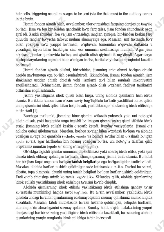 in. bu to‘plam yagona murakkab seskantiruvchi sifatida faoliyat ko‘rsatadi. bunda nerv aloqalari seskantiruvchining o‘ziga nisbatan javob o‘rnida emas, balki, ularning vaqtinchalik, fazoviy va shu kabi munosabatlariga nisbatan ham hosil bo‘ladi. natijada katta yarim sharlar po‘stlog‘ida integratsiyalash yoki murakkab sintez jarayoni sodir bo‘ladi.2 the creators of three-dimensional (3-d) movies simulate or exaggerate retinal dis- parity by photographing a scene with two cameras placed a few inches apart (a fea¬ture we might want to build into our seeing computer). when we view the movie through spectacles that allow the left eye to see the image from the left camera and the right eye the image from the right camera, the 3-d effect mimics or exaggerates normal retinal disparity. similarly, twin cameras in airplanes can take photos of ter¬rain for integration into 3-d maps. 2 psychology david g. myers hope college holland, michigan 295 р ko‘p tomonlama seskantiruvchi ta‘sirida hosil bo‘ladigan nerv aloqalarining …