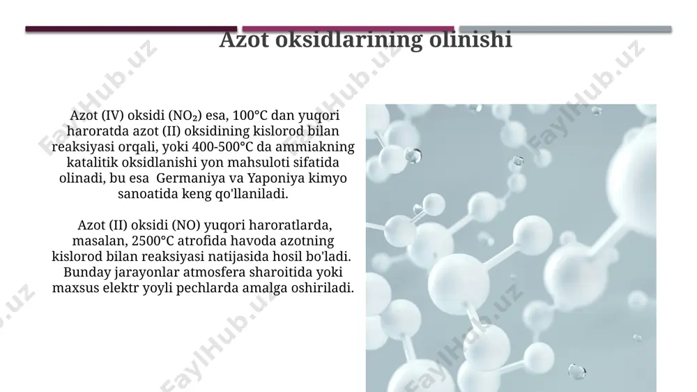 tacha yillik konsentratsiyasi, masalan, evropaning yirik shaharlarida 20 µg/m³ dan oshib ketishi mumkin, bu esa sog'liq uchun salbiy ta'sir ko'rsatishi mumkin. azot(iv) oksidi, atmosfera kislotali yomg'irlarining asosiy sabablaridan biri hisoblanadi va aqshning sharqiy qirg'og'ida kislotali yomg'irlarning 20% dan ortig'ini tashkil qiladi. azot oksidlarining xossalari azot (i) oksidi (n₂o) kulgili gaz sifatida ham tanilgan bo'lib, uning qaynash harorati -88,5°c atrofida va tibbiyotda og'riqsizlantiruvchi sifatida qo'llaniladi, ayniqsa, stomatologiyada rossiya va g'arbiy yevropa davlatlarida keng tarqalgan. azot (ii) oksid (no) rangsiz gaz bo'lib, uning atmosfera reaksiyalari orqali azot (iv) oksidga (no₂) aylanishi 150°c dan yuqori haroratlarda tezlashadi va bu jarayon global havo ifloslanishiga ta'sir qiladi, xususan, xitoyning sanoatlashgan hududlarida. azot oksidlari ta'rifi azot oksidlari, umumiy formulada nxoy ko'rinishida ifodalanadigan, kislorod va azot atomlaridan tashkil topgan 10 dan ortiq birikmalar guruhi bo'lib, ularning ba'zilari, masalan, n2o (kulgili gaz) yer atmosferasida ham uchraydi. azot oksidlarining ayrim turlari, xususan, no va no2, avtomobil dvigatellari va sanoat …
