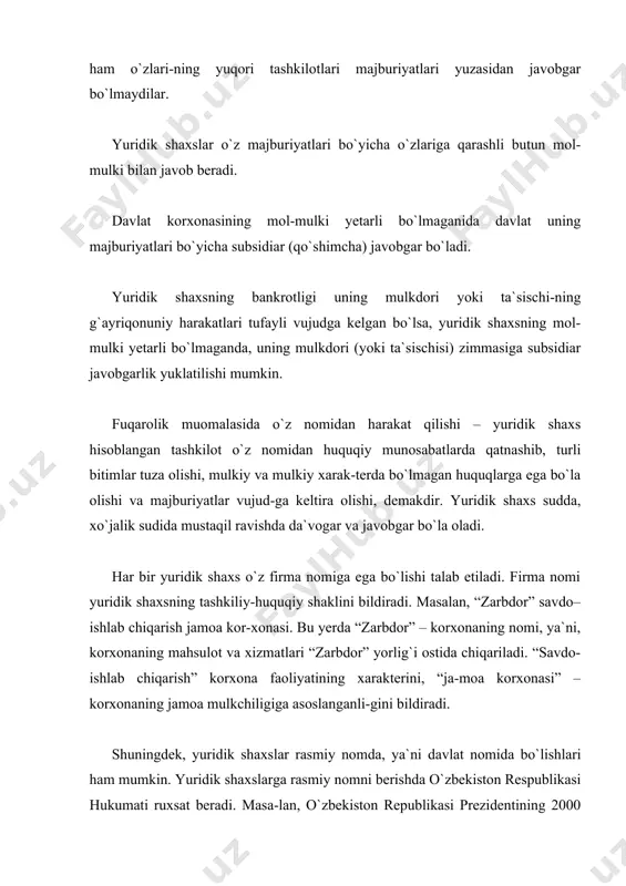 shug`ullana oladilar. yuridik shaxsning maxsus huquq layoqati uning ustavi, nizomi yoki qonun hujjatlari bilan belgilanadi (fk, 41-modda, 3-band). yuridik shaxs hisoblangan tashkilot yoki korxona qatnashadi-gan munosabatlarning doirasi uning tashkil qilinish maqsadlari bilan hamda amalga oshirilishi lozim bo`lgan ishlarning xarakteri bilan belgilanadi. yuridik shaxs o`zi qatnashadigan munosabat-larga qarab ma`lum huquq va majburiyatlarga ega bo`ladi. shunday qilib, yuridik shaxsning huquq layoqati, unga maxsus yuklangan vazifalar bilan belgilanadi (maxsus huquq layoqati prinsipi). yuridik shaxs qonun hujjatlarida belgilab qo`yilgan ayrim fao-liyat turlari bilan faqat maxsus ruxsatnoma (litsenziya) asosida-gina shug`ullanishi mumkin. masalan: neft, neft mahsulotlari va gaz qazib chiqarish, ularni qayta ishlash va sotish faoliyati. fuqarolik huquqida fuqarolarga nisbatan huquq layoqatining tenglik prinsipi o`rnatilgan, fuqarolik huquq layoqatining maz-muni hamma fuqarolar uchun qonun bilan teng hajmda belgilangan bo`lsa, yuridik shaxslarning huquq layoqati undan farqlanib, ularning har qaysi turi uchun har xil bo`ladi. u barcha yuridik shaxslar uchun birorta umumiy hajmda oldin emas, balki muayyan yuridik shaxsning …