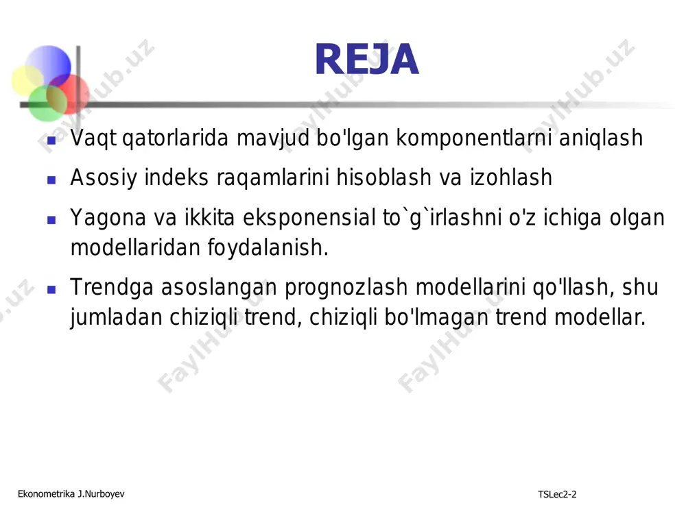 a yoki pastga harakat) ◼ uzoq vaqt davomida olingan ma'lumotlar sotish vaqt ekonometrika j.nurboyev tslec2-8 pastga qarab chiziqli tendentsiya trend komponenti ◼ trend yuqoriga yoki pastga qarab bo'lishi mumkin ◼ trend chiziqli yoki chiziqli bo'lmagan bo'lishi mumkin sotish vaqt yuqoriga qarab chiziqli bo'lmagan tendentsiya sotish vaqt (davomi) ekonometrika j.nurboyev tslec2-9 mavsumiy komponent ◼ qisqa muddatga muntazam to'lqinga o'xshash naqshlar ◼ 1 yil ichida kuzatilgan ◼ ko'pincha oylik yoki har chorakda sotish vaqt (choraklik) qish bahor yoz kuz ekonometrika j.nurboyev tslec2-10 tsikllik komponent ◼ uzoq muddat to'lqinga o'xshash naqshlar ◼ muntazam ravishda sodir bo'ladi, lekin uzunligi farq qilishi mumkin ◼ ko'pincha cho'qqidan cho'qqiga yoki pastdan pastgacha o'lchanadi sotish 1 tsikl yil ekonometrika j.nurboyev tslec2-11 tasodifiy komponent ◼ tasodifiy, oldindan aytib bo'lmaydigan,"qoldiq”tebranishlar ning tasodifiy o'zgarishi tufayli ◼ tabiat ◼ baxtsiz hodisalar yoki g'ayrioddiy hodisalar ◼ "shovqin”vaqt qatorlarida eng oddiy ikkita modellar ◼ qo'shimcha komponentlar modeli xt = tt+st+ct+it ◼ multiplikativ komponentlar modeli …