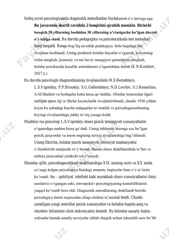 ning tarixiy rivojlanishiga bag’ishlandi. uning fikricha, bolalar psixik taraqqiyoti insoniyat madaniyatini o’zlashtirishi natijasida ro’y beradi. bunda shaxs shakllanishida ta’lim va tarbiya jarayonlari yetakchi rol o’ynaydi. shunday qilib, psixodiagnostikani shakllanishiga xix asrning oxiri va xx asrda yo’zaga kelgan psixologiya fanidagi umumiy inqirozlar ham o’z ta’sirini ko’rsatdi. bu – qobiliyat, intellekt kabi murakkab shaxs xususiyatlarini ilmiy asoslarsiz o’rgangan eski, introspektiv psixologiyaning kamchiliklarini yaqqol ko’rsatib bera oldi. diagnostik metodlarning shakllanib borishi psixologiya fanini inqirozdan chiqa olishini ta’minlab berdi. chunki yaratilgan yangi metodlar psixik xususiyatlar va holatlar haqida aniq va obyektiv bilimlarni olish imkoniyatini berardi. bu bilimlar nazariy hukm, xulosalar hamda amaliy tavsiyalar ishlab chiqish uchun ishonchli asos bo’lib xizmat qilar edi. shu bois, psixologiya shunday darajada ilgarilab ketdiki, nafaqat akademik fanga xos nazariyalar bilan qurollandi, balki amaliy jihatdan ham foydali sohaga aylandi. psixodiagnostika o’zining nazariyalariga asoslangan tarzda shakllanadigan mehnat psixologiyasi, psixofiziologiya, tibbiy psixologiya, pedagogik psixologiya sohalarini bilimlar doirasini kengayishiga ham imkon yaratdi. natijada, …