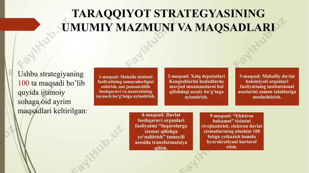ar safiga kirishimiz uchun odil qadam bo’la oladi. xulosa taraqqiyot strategiyasining ijtimoiy sohaga yo‘naltirilgan mazmun-mohiyati jamiyat farovonligini oshirish, aholi turmush darajasini yaxshilash va inson kapitalini rivojlantirishga qaratilgan kompleks chora-tadbirlardan iborat. ushbu strategiya ijtimoiy barqarorlikni ta’minlash, tenglik va adolatni qaror toptirish hamda barcha fuqarolarga rivojlanish uchun teng imkoniyat yaratishni asosiy maqsad qilib qo‘yadi. taklif va tafsiyalar : taraqqiyot strategiyasini o’rganib unga taklif tarizda kiritish uchun shuni ayta olamanki jamiyatimizda nogironligi bor bo’lgan shaxslar uchun inklyuziv jamiyatni yanada rivojlantirish va ularga qulay bo’lgan sharoitlarni kengaytirish uchun amaliy chora tadbirlarini respublikamizning barcha hududlarida amalga oshirilishini. foydalangan adabiyotlar o‘zbekiston respublikasi prezidentining farmoni, 28.01.2022 yildagi pf-60-son 1.https://president.uz/oz/pages/view/strategy?menu_id=144 2. https://lex.uz/uz/docs/-5841063 3. https://president.uz/oz/pages/view/strategy?menu_id=144 image7.jpeg image8.jpeg image9.jpeg image10.jpeg /docprops/thumbnail.jpeg