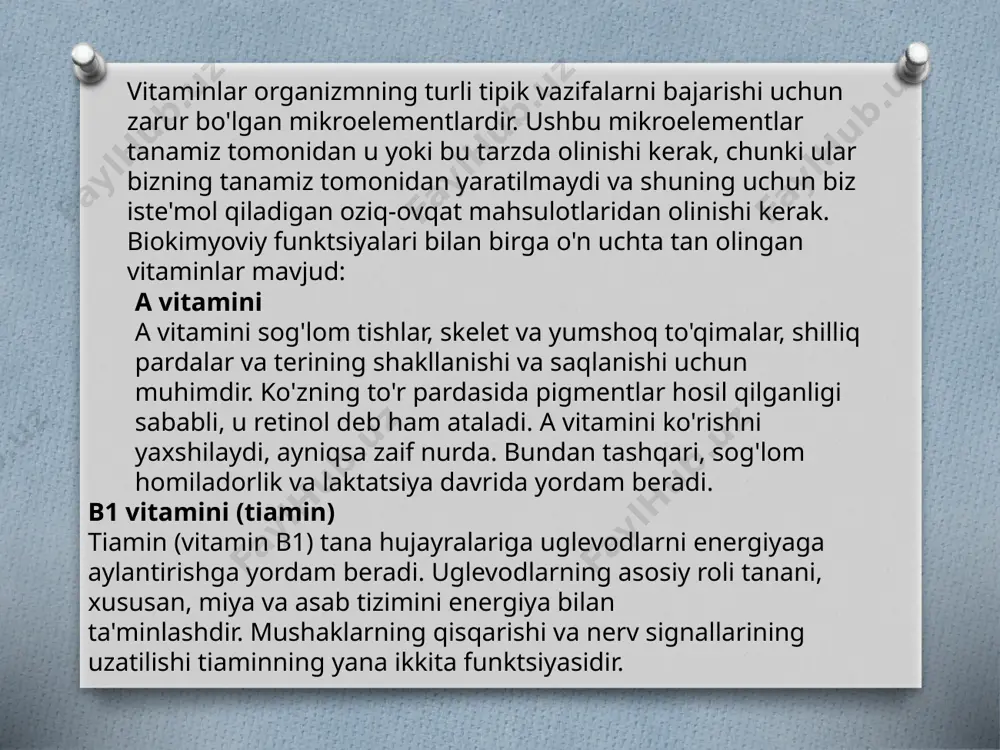 tka chaqaloqlar 400 (0—6 oy),500 (7—12 oy) 600 bolalar 300 (1—3 yosh),400 (4—8 yosh) 600 (1—3 yosh),900 (4—8 yosh) erkaklar 600 (9—13 yosh),900 (14 — >70 yosh) 1700 (9—13 yosh),2800 (14—18 yosh),3000 (19 — >70 yosh) ayollar 600 (9—13 yosh),700 (14 — >70 yosh) 1700 (9—13 yosh),2800 (14—18 yosh),3000 (19 — >70 yosh) homilador ayollar 750 ( 50 yosh) 2800 ( 50 yosh) emizikli ayollar 1200 ( 50 yosh) 2800 ( 50 yosh) o’rtacha olganda, katta yoshli erkak uchun 900 mkg, ayol uchun 700 mkg a vitamini kerak. kattalar uchun yuqori ruxsat eng maksimal miqdor sutkasiga 3000 mkg hisoblanadi vitamin b b vitaminlari suvda eriydigan vitaminlar sinfidir, ular hujayra metabolizmida va qizil qon hujayralari sintezida muhim rol oʻynaydi [1] . garchi bu vitaminlar oʻxshash nomlarga ega boʻlsa ham (b 1, b 2, b 3 va boshqalar), ular kimyoviy jihatdan bir-biridan farq qiladigan birikmalar boʻlib, ular koʻpincha bir xil oziq-ovqatlarda mavjud. …