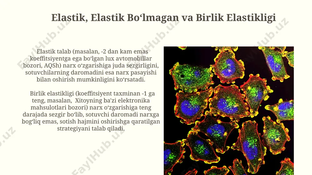 a shirinliklar bozorida talabning elastikligi 0,2 bo'lsa va narx 20% ga oshsa, sotuvchining umumiy daromadi 16% ga ortadi, chunki talabning pasayishi ancha sekinroq bo'ladi. birlik elastikligi sharoitida daromad agar o'zbekistondagi paxta bozorida birlik elastikligi mavjud bo'lsa va narx 15% ga oshsa, sotuvlar ham 15% ga kamayadi, natijada daromad o'zgarishsiz qoladi. birlik elastikligi sharoitida, masalan, toshkentdagi elektronika do'konida narxni 10% ga oshirish sotuv hajmini 10% ga kamaytiradi, bu esa jami daromadni o'zgarishsiz qoldiradi. savollar va muhokama toshkentdagi 50 ta do'kondagi narxlarni o'rganish natijalariga ko'ra, elastiklik koeffitsiyenti -0,8 ni tashkil etdi, bu esa narxni 10% ga oshirish daromadning 8% ga kamayishiga olib kelishini ko'rsatadi. samarqand viloyatidagi 20 ta fermer xo'jaligining mahsulotlariga bo'lgan talabning narx elastikligi tadqiqoti shuni ko'rsatdiki, elastiklik koeffitsiyenti turli mahsulotlar uchun 0,5 dan 2 gacha farq qiladi. narx elastikligi ta’rifi narx elastikligi, 0 dan yuqori bo'lgan qiymatlarni oladi va tovar narxining 1% o'zgarishiga javoban talabning qancha foizga o'zgarishini ko'rsatadi, masalan, …