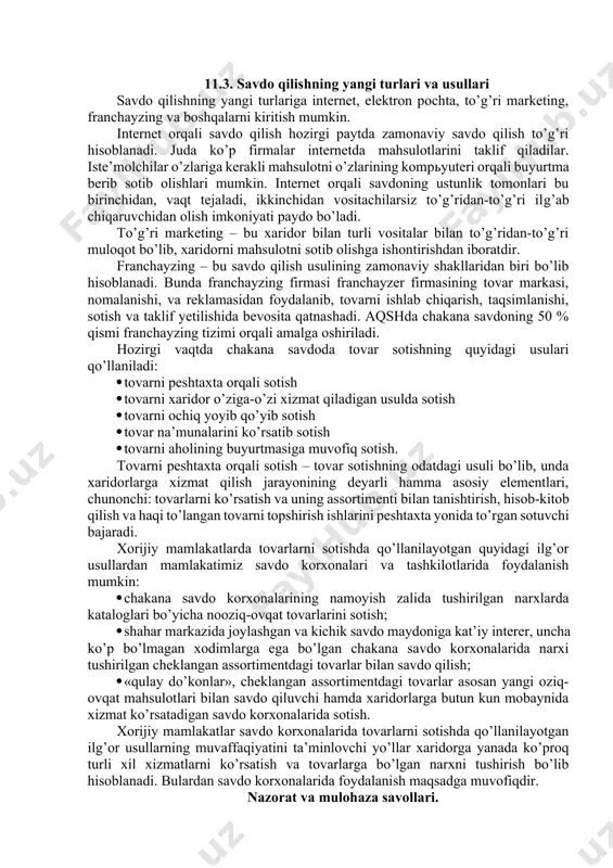 ar, tijoratchi firmalar, agent va brokerlar orqali amalga oshirilishi mumkin. vositachi hamkorlarni tanlash hamma tovar ishlab chiqaruvchilar uchun muhim davr hisoblanadi. eng avvalo shunga ahamiyat berish kerakki, tanlab olinayotgan vositachi bir vaqtning o’zida sizning firmangizning bozoridagi raqobatchisi bo’lmasligi kerak. umumiy holatda vositachi firmalar ichidan sizning tovaringizni sotish bo’yicha maxsuslashganini tanlash zarur. yana vositachi firmaning bozordagi obru - e’tibori, mavqei, moliyaviy ahvoli qanday va qaysi bank bilan ishlaydi kabi savollarga javob olishi kerak. uning asosiy belgilaridan savdo shaxobchalarining moddiy texnikasi, joylashishi, sotuvchi xodimlarning malakasi va boshqalar. oldin sinash uchun biror yilga shartnoma tuziladi va vositachi savdo firma vaqili, rahbari - menejeri vositachini shaxsan o’rganadi va uning shaxobchalariga boradi. vositachilar iloji boricha ko’proq tanlanadi va ularning marketing - bozor dasturlariga ahamiyat beriladi. hozirgi sharoitda vositachilar bajaradigan vazifalar va ko’rsatadigan xizmat turlari g’oyat ko’p. ular quyidagilardan iborat: 1. sotishni tashkil etish ishlarini bajarish - kontragentlarni izlash, sotuvchi nomidan xaridni rasmiylashtirish, tovar haqi uchun …