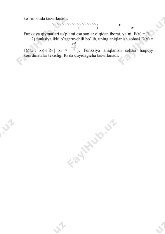 siya uchun shunday bir musbat t son mavjud bo`lsaki, funksiyaning aniqlanish sohasiga tegishli har qanday x va x + t nuqtalari uchun f (x+t) = f (x) tenglik bajarilsa, y = f (x) funksiya davriy funksiya deyiladi. t soni esa funksiya davri deb yuritiladi. amalda funksiya davrlari ichidan eng kichigi t ni topish masalasi qo`yiladi, qolgan barcha davrlar uning butun karralisidan iborat bo`ladi. masalan, y = 5sin(0,25πx) funksiyaning eng kichik musbat davri . y = f (x) funksiya v r1 to`plamda aniqlangan bo`lib, uning biror-bir v1 qism osti to`plamidan ixtiyoriy ravishda tanlanadigan ikki x1 va x2 nuqtalar uchun x1 f (x2) (f (x1) ≥ f (x2) tengsizlik kelib chiqsa, y = f (x) funksiya v1 to`plamda kamayuvchi (o`suvchi emas) deyiladi. o`suvchi va kamayuvchi funksiyalarga qat`iy monoton funksiyalar deyiladi. masalan, y = ex aniqlanish sohasi r1 da qat`iy monoton o`suvchi funksiyaga misol bo`lsa, x haqiqiy sonning butun qismi y = [x] …