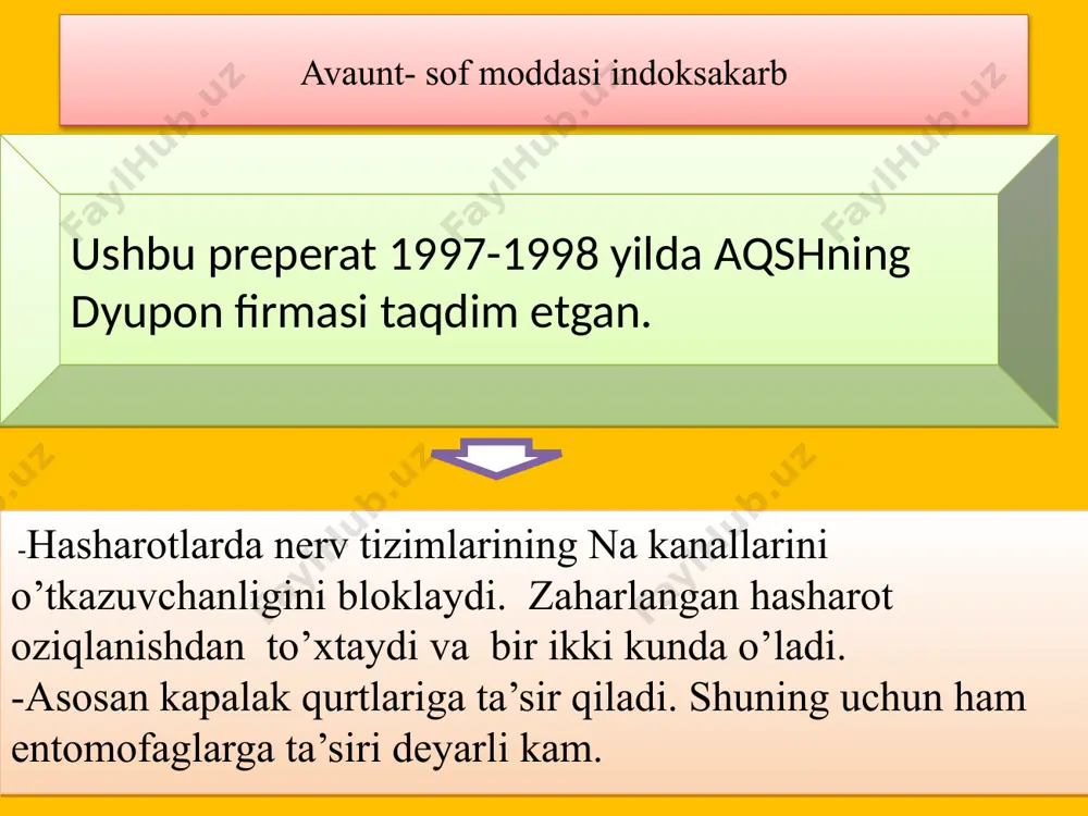 ilning tavsiya qilingan sarf meyorlari piretroidlardan -2-5 marta, gormonal preparatlardan 5-10 marta, foblardan esa 50-500 marta past. samaradorlik bo’yicha esa piretroidlardan keyin ikkinchi o’rinda turadi. yuqori samaraga esa 2-3 kunda erishiladi. samarasi davomiyligi bo’yicha yuqori o’rinlarda. chigirtka va kalorado qo’ng’iziga qarshi samara 3-4 hafta davom etadi regent 80% s.e.k (fipronil) chigirtkalarga qarshi- 10g\ga kalorado qo’ng’iziga qarshi- 20-25g\ga bug’doy xasva va tripslarga qarshi-15g\ga g’o’zada tripslarga – 10-15g\ga regent 20% sus.k (fipronil) tut parvonasiga qarshi- 40-50g\ga kalorado qo’ng’iziga qarshi- 30-40g\ga ko’sak qurti, karadrinaga qarshi-100-120g\ga g’o’zada trips, shiralarga – 80g\ga адонис 4% эм.к соф модда фипронил чигирткаларга қарши самарали муддатларда 1-ва 3-ёш личинкалик даврида қўлланилса, 20-25 кунгача таъсир кучини сақлайди. -тут парвонаси, калорадо қўнғизига қарши (0,25 л/га) тавсия қилинган. мавсумда бир марта тавсия қилинган. германиянинг байер фирмаси маҳсулоти. ушбу препарат чигирткаларга қарши тавсия қилинган. бутун дунё бўйича қўлланилади. бошқа зараркунандаларга ҳам қўллаш мумкин. синтетик пиретроидлар: пиретроид асосли инсектицидлар гурухи. хозирги вақтда самарали ва …