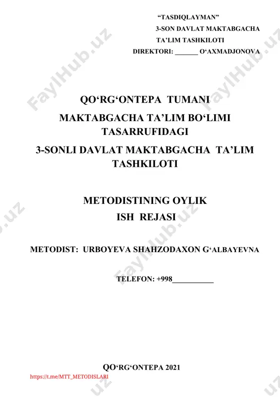 tayyorgarlik 1. 1 katta va maktabga tayyorlov guruhlari o‘rtasida “estafeta o‘yinlari” sport musobaqa 13,01, 2021 2. 14 –yanvar vatan himoyachilari kuniga bag‘ishlangan bayram ertaligi 18,01, 2021 3. “qishgi o‘yinlar” mavzusida ko‘ngilochar tadbirlar 14,01, 2021 24.01 2020 4. kichik va o‘rta guruhlar o‘rtasida “kichkintoy shirintoy “sport musobaqsini o‘tkazish 19,01, 2021 metodistning fevral oyi uchun oylik rejasi t/r rejalashtirilgan vazifalar i-hafta (sana) ii-hafta (sana) iii-hafta (sana) iv-hafta ( sana) v-hafta (sana) izoh pedagog kadrlar bilan ishlash 1 ishchi guruh bilan ishlash 01,02 2021 2 ustoz .-shogird ishlar tahlili 05,02, 2021 3 yosh mutaxassislar bilan ishlash tavsiyalar berish. 11,02, 2021 4 pedagog xodimlarning ish hujjatlarining yurtitilishi haftalik mavzuviy rejalashtirish 08,02, 2021 5 pedagogik kengash 17,02, 2021 tashkiliy pedagogik ishlar 1 guruhlarda mashg‘ulotga tayyorgarlik jarayonlarini o‘rganib chiqish 02,02, 2021 18,02, 2021 2 katta guruhda frontal mashg‘ulotlarni kuzatish 12,02, 2021 3 kichik guruhlarda faoliyat markazlaridagi mashg‘ulotni kuzatish 03,02, 2021 4 barcha guruhlarda frantal nazorat natijalari …