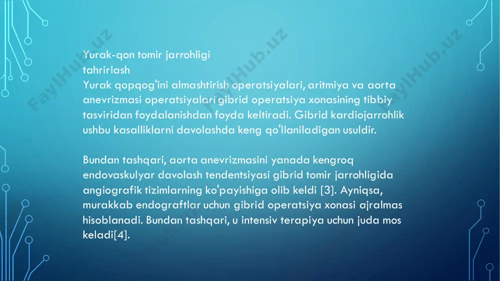 ibrid operatsiya xonasini rejalashtirish ko'plab tomonlarning ishtirokini talab qiladi. operatsiya xonasida ish jarayonining silliq bo'lishini ta'minlash uchun operatsiya xonasida ishlaydigan barcha tomonlar o'z vazifalarini bajarish qobiliyatini ta'minlash uchun o'z talablarini o'z vaqtida belgilashlari kerak. ushbu talablar xonaning yakuniy dizayniga kosmik, tibbiy va tasvirlash uskunalari kabi parametrlar orqali ta'sir qiladi[27][28]. shuning uchun samarali gibrid operatsiya xonasini rejalashtirish professional loyiha menejerini jalb qilishni talab qiladi. bundan tashqari, rejalashtirish bir necha takrorlashda sodir bo'lishi mumkin. iteratsiyalar bizga tasvir va tibbiy tizimlarning turli ishlab chiqaruvchilari talablari o'rtasidagi o'zaro bog'liqlikni yaxshiroq hisobga olish imkonini beradi. natija har doim gibrid operatsiya xonasida ishlaydigan fanlararo guruhning ehtiyojlari va afzalliklariga muvofiq tuzilgan moslashtirilgan yechimdir[22]. chiroqlar, monitorlar va osma tizimlar[22] tahrirlash gibrid operatsiya xonasi ikki turdagi yorug'lik manbalarini talab qiladi: ochiq muolajalar uchun jarrohlik (yo'nalishli) yorug'lik va interventsion muolajalar uchun atrof-muhit nuri. atrofdagi yorug'likning yorqinligini sozlash juda muhimdir. bu ko'pincha floroskopik yoki endoskopik operatsiyalar paytida kerak bo'ladi. jarrohlik yoritish …