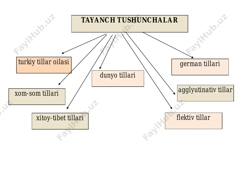 , oroch turkiy tillar 26 qardosh tillar ba’zi tillarning tuzilishi, grammatik xususiyatlari, shu tillardagi so‘zlarning paydo bo‘lish manbayi, so‘z shakllari va ma’nolari bir-biriga ancha yaqin bo‘ladi. bunday tillar bir umumiy o‘zakli tildan kelib chiqqan bo‘lib, qardosh tillar deyiladi. o‘zbek uyg‘ur qoraqalpoq qozoq qirg‘iz tatar turk chuvash boshqird ozarbayjon yoqut turkman bir-biri bilan qardosh ekanligi aniqlangan tillar oilasi. qardosh tillar 29 tillarni tabiiy yoki ijtimoiy belgilarini hisobga olgan holda guruhlarga ajratish tasnif deyiladi. dunyodagi tillar eng asosiy belgilariga ko‘ra ikki xil tasnif qilinadi: morfologik tasnif tillarning tuzilish tomonidan o‘xshashligiga asoslanadi. geneologik (kelib chiqish manbayiga ko‘ra) tasnif. bu tasnif tillar orasidagi fonetik, leksik, grammatik o‘xshashlikka asoslanadi. tillarning morfologik tasnifi tillarni qiyoslab o‘rganishga asoslansa-da, tamoyillari va maqsadlari turlichadir. morfologik tasnif tillarning kelib chiqishi, tarixi, ularning qarindoshlik munosabatlari bilan qiziqmaydi, bu tasnif tillarning grammatik xususiyatlarini, aniqrog’i, o‘zak va affikslarni qarama-qarshi qo‘yish asosida taqqoslab o‘rganishga asoslanadi. morfologik tasnif natijasida til tiplari ajratiladi. buning uchun til …
