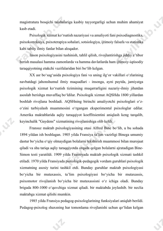 angan. ko‘pchilik sharqiy evropa mamlakatlarida maktab psixologik xizmati tuman yoki viloyat psixologik-pedagogik markazlari shaklida tashkil etilgan. masalan, 1980 yilda chexoslavakiyada tarbiya masalalari bo‘yicha modda maktab to‘g‘risidagi qonunga kiritildi. psixologik xizmatning asosiy mazmuni - sog‘lom shaxsning o‘sishini ta’minlash, shaxs rivojlanishidagi turli qiyinchiliklarni korreksiya qilish, kasb tanlash muammolaridir.chexoslavakiyadagi psixolog maslahatchining asosiy funksiyasi psixodiagnostik faoliyatdan iboratdir. ayniqsa, i.v.dubrovina va x.y.liymets, yu.l.sierdlarning ko‘p yillik tadqiqotlari natijasi o‘laroq, umumta’lim maktablarida psixologik xizmatning joriy etilishi bu boradagi mdh mamlakatlarida qo‘yilgan ilk qadam ekanligini alohida qayd etish mumkin. qolaversa, o‘zbek olimlaridan e.g‘.g‘oziev, m.g.davletshin, g‘.b.shoumarov, b.r.qodirov, r.z.gaynutdinov, v.m.karimova, n.a.sog‘inovlarning ham o‘zbekiston o‘rta umumta’lim maktablari va oila tizimlarida psixologik xizmatni joriy etish borasida olib borayotgan qator nazariy- ilmiy va amaliy-uslubiy ishlari respublikamizda psixologik xizmatni joriy etish va rivojlantirish uchun ma’lum darajada asos bo‘lmoqda. xalq ta’limi tizimidagi va o‘rta maxsus kasb-hunar tizimidagi psixologik xizmatning maqsadi - shaxsning har tomonlama garmonik kamoloti, to‘laqonli psixologik taraqqiyotni ta’minlovchi qulay shart-sharoitlar yaratishdan iboratdir. 2.ta’lim …