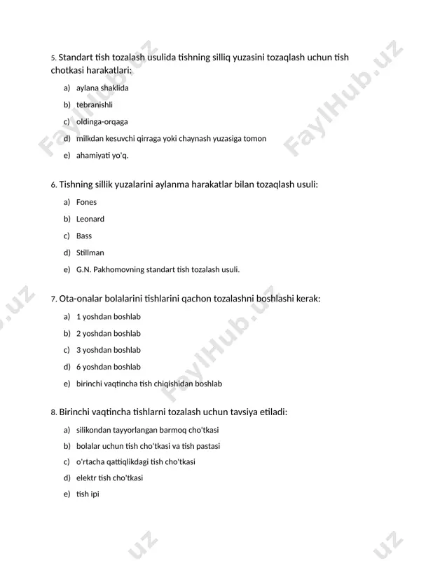 alash d) profilaktik tish tozalash e) stomatologik ta'lim 10. abraziv komponentlar tish pastalari tarkibida quyidagilarga yordam beradi: 1. ko'pik hosil bo'lishiga 2. namlikni saqlashga 3. tish toshini mexanik olib tashlashga 4. yaroqlilik muddatini oshirishga 5. emalning kariesga qarshi chidamliligini oshirishga 11. tish kariyesini oldini olish uchun tish pastalari tarkibiga quyidagilar kiritiladi: 1. ftoridlar va kaltsiy birikmalari 2. kaliy nitrat 3. natriy pirofosfat 4. natriy lauril sulfat 5. xlorgeksidin 12. dorivor o‘simliklar ekstraktlari bilan tish pastalari quyidagi kasalliklarni oldini olish uchun tavsiya etiladi: 1. tish kariesi 2. parodontning yallig‘lanish kasalliklari 3. tishlarning ortiqcha sezgirligi 4. fluoroz 5. klinik shakldagi nuqson 13. proksimal yuza tomonini tozalashning asosiy vositasi: 1. tish cho'tkasi 2. tish pastasi 3. chayish suyuqligi 4. tish ipi 5. irrigator 14. superfloss - bu tish ipi: 1. qalinlashtirilgan 2. xushbo'y hidli 3. mumlangan 4. ftorid eritmasi bilan to'yintirilgan 5. xlorgeksidin eritmasi bilan to'yintirilgan 15. pellikula - bu: 1. bakterial qavat …