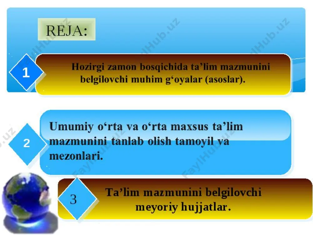 arish va pedagogik amaliyotlar hamda shu kabilarning davomiyligi. darslik о‘quvchilarning ta’lim jarayonida, ongli ravishda va faol ishtirok etishlari, о‘quv materialini tо‘la о‘zlashtirishlarini ta’minlashi kerak. ana shu masalalarni hal etish yо‘lida darsliklar quyidagi vazifalarni bajaradi: motivatsion vazifa-bu vazifa о‘quvchilarni ushbu fanni о‘rganishga yо‘naltiradigan, ularda ishga pozitiv munosabati va qiziqishini shakllantiruvchi rag‘bat (sabab)larni hosil qilishdan iborat; axborot vazifasi о‘quvchilarga axborotlarni yetkazish, samarali usullar yordamida ularning bilimlari hajmini kengaytirishga imkon beradi; nazorat-tuzatish (mashq qilish) vazifasi-ta’lim jarayoni, uning natijalarini tekshirish, о‘quvchilarda о‘zini baholash va tuzatish layoqati hamda zarur bо‘lgan kо‘nikma, malakalarni shakllantirish uchun о‘rganish mashqlarini tavsiya etishni nazarda tutadi. e’tiboringiz uchun raxmat image7.jpeg image8.jpeg image9.jpeg image10.jpeg image11.jpeg image12.jpeg image13.jpeg image14.jpeg image15.jpeg image16.jpeg image17.jpeg image18.jpeg image19.jpeg image20.jpeg image21.jpeg image22.jpeg image23.jpeg image24.jpeg image25.jpeg image26.jpeg image27.jpeg image28.jpeg image29.jpeg image3.png image4.png /docprops/thumbnail.jpeg