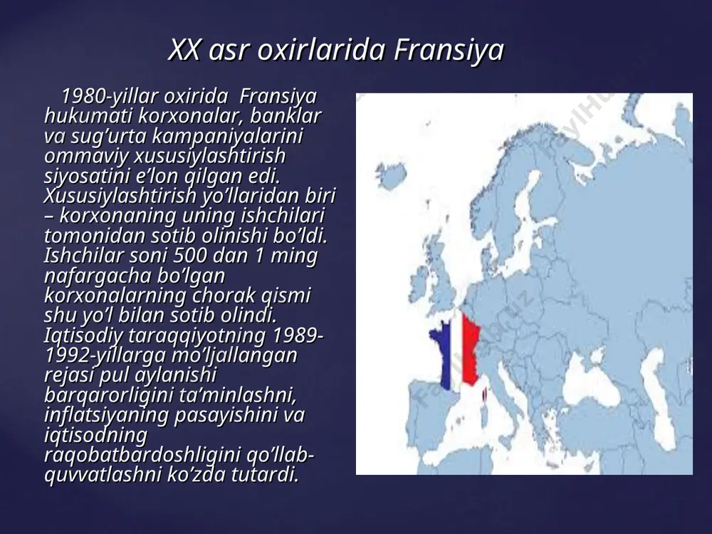 unosabatlari 1992-yil fevral oyida fransiya bilan o’zbekiston o’rtasida diplomatik munosabatlar o’rnatildi. 1993-yil oktabrida o’zbekiston respublikasining birinchi prezidenti islom karimov rasmiy vizit bilan parijda bo’ldi. birinchi prezidentimiz islom karimov fransiya prezidenti fransua mitteran bilan do’stona suhbat va samarali muzokaralar yuritdi. 2018-yil 9-oktabr kuni prezidentimiz shavkat mirziyoyev davlat tashrifi bilan fransiyada bo’ldi. prezidentimiz shavkat mirziyoyev fransiya prezidenti emmanuel makron bilan uchrashdi.tashrif doirasida 10 ta hujjat imzolandi. fransiya – o’zbeksiton do’stona munosabatlari yanada rivojlanmoqda. germaniya bilan yaqinlashish siyosatini olib bordi fransua mitteran 1993-yili ishlab chiqarish hajmi qisqardi g’arbiy yevropa mamlakatlarining birlashishini o’zining asosiy vazifasi deb bildi lyuksemburgning shengen shahrida fransiya hukumati shengen kelishuvini imzoladi. 1993-yili ishlab chiqarish hajmi qisqardi ishsizlik mislsiz darajaga yetdi shengen kelishuviha binoan yevropa iqtisodiy hamkorligi (yih) mamlakatlari fuqarolari vizasiz va bojxona nazoratisiz bir-biriga bemalol o’tishi mumkin bo’ldi savollarga javob toping 1) suratdagi inson kim?________________ 2) nechanchi yildan fransiyada yimning o’sish suratlari, kapital kiritish va shaxsiy iste’mol hajmi oshdi_____________ 3) …