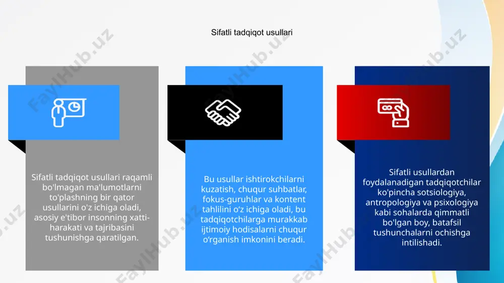 xulosalar chiqarish uchun bir nechta holatlar yoki hodisalarni tahlil qilish va solishtirishni o'z ichiga olgan maxsus usul. bu tadqiqotchilarga ijtimoiy, siyosiy yoki iqtisodiy hodisalar haqida qimmatli tushunchalar berib, turli kontekstlar, madaniyatlar yoki vaqt davrlaridagi naqshlar, o'xshashliklar va farqlarni aniqlashga yordam beradi. turli xil qiyosiy tadqiqot usullarini qo'llash orqali olimlar murakkab ijtimoiy muammolarni chuqurroq tushunishlari va o'z sohalarida bilimlarni rivojlantirishga hissa qo'shishlari mumkin. salavha asoslangan nazariya tadqiqoti - bu sohadagi ma'lumotlarga asoslangan nazariyani ishlab chiqishga qaratilgan sifatli tadqiqot usuli. u kontseptsiyalarni olish va nazariyani ishlab chiqish uchun tizimli ma'lumotlarni to'plash va tahlil qilishni o'z ichiga oladi. 1 bu usul empirik dalillarga asoslangan gipoteza va tushunchalarni ishlab chiqish uchun induktiv fikrlashdan foydalanib, nazariyani boshidan qurishga qaratilgan. u odatda sotsiologiya, psixologiya va boshqa ijtimoiy fanlarda qo'llaniladi. 3 asoslangan nazariya tadqiqotining asosiy xususiyatlariga nazariy tanlab olish, doimiy taqqoslash va ma’lumotlarni tushuntirish uchun nazariy asoslarni ishlab chiqish kiradi. bu ijtimoiy hodisalarni tushunish va izohlashda qat'iy …