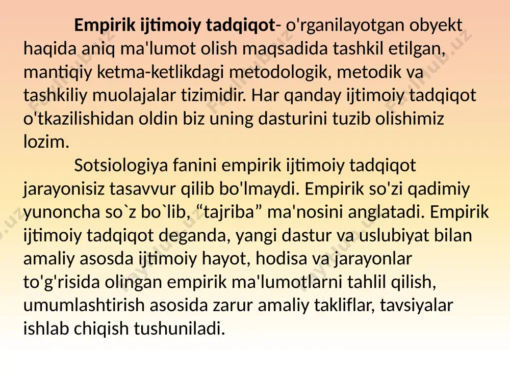 atish ijtimoiy tadqiqotlarda kuzatish – dastlabki empirik ma'lumotlarni yeg'ish usuli bo'lib, muayyan maqsadga qaratilgan, oldindan puxta o'ylab, muntazam olib boriladigan, hissiy qabulga asoslangan bo'ladi. bu usuldan foydalanishning o'ziga hos afzalligi shundaki, tadqiqotchi muayyan darajada tadqiqot olib borayotgan obyektdan mustaqil bo'ladi va unga bo'ysunmaydi. sotsiologiyada hujjat deganda yozma ravishda qayd etilgan har qanday informatsiya, ma'lumot tushuniladi. hujjatlarning turlari: 1. rasmiy va norasmiy 2. shaxsiy 3. statistik ma'lumotlar 4. audio- va videotasmalar 5. rasmlar, kinolar. ijtimoiy tadqiqot usullari. ijtimoiy tadqiqot usullari ichida hozirgi kunda eng ko'p tarqalgani so'rov usulidir. so'rov usulining qulayligi shunda namoyon bo'ladiki, tadqiqotning kuzatish va eksperiment usullarini faqat mutaxassis sotsiologlar qo'llashi mumkin bo'lsa, so'rov usulida tadqiqot o'tkazishga qisqa muddatli tayyorgarlikdan o'tgan yordamchilarni ham jalb qilish va ular yordamida respondentlarning katta miqdorini qamrab olish mumkin. ijtimoiy kuzatishlarni shartli ravishda ikki turga bo'lish mumkin: chetdan kuzatish ichkaridan kuzatish e’tiboringiz uchun raxmat image2.jpg image3.jpg image4.png image5.png image6.png image7.png image8.png image9.png image1.png