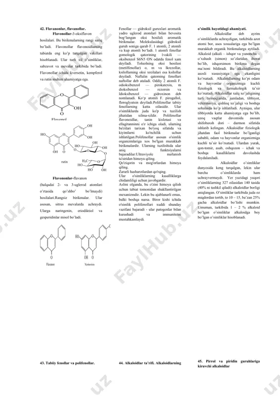r organizmda yetishmasa ikki komponentli fermentlar aktivligi tamoman susayib, ayrimlari mutlaqo sezilmasligi mumkin. shuning uchun ham bu vitaminlarga xos avitaminozlar moddalar almashinuvida chuqur o’zgarishlar keltirib chiqaradi. agar ular o’z vaqtida davolanmasa, yomon oqibatlarga olibkeladi. meva-sabzavotlar va boshqa o’simliklar vitaminlarning asosiy manbai hisoblanadi. b1 vitamini – tiamin (anevrin, aneyrin) oq kristall modda, kimyoviy tabiatiga ko’ra pirimidinning tiazolli hosilasidir: r= h, b1 tiaminmonofosfat kokarboksilaza 1906 yil eykman 1 marta aniqlagan. kimyoviy tuzilishini 1936 yili uilyams va greve aniqlaganlar. o’sha yili uilyams sintezini amalga oshirgan. b1 piruvatdekarboksilaza tarkibiga tiaminpirofosfat shaklida kiradi. b1 ning fosfat efiri maxsus oqsil bilan birikkan holda piruvatdekarboksilazani hosil qiladi, u esa pirouzum kislotani ( ся3с о с о о я) sirka aldegidi va karbonat angidridigacha parchalaydi. 36. b-vitaminlar.(tiamin, riboflavin….) b1 vitamini – tiamin (anevrin, aneyrin) oq kristall modda, kimyoviy tabiatiga ko’ra pirimidinning tiazolli hosilasidir: r= h, b1 tiaminmonofosfat kokarboksilaza b2 vitamini –riboflavin to’q –sariq rangli kristall modda. u 1879 …