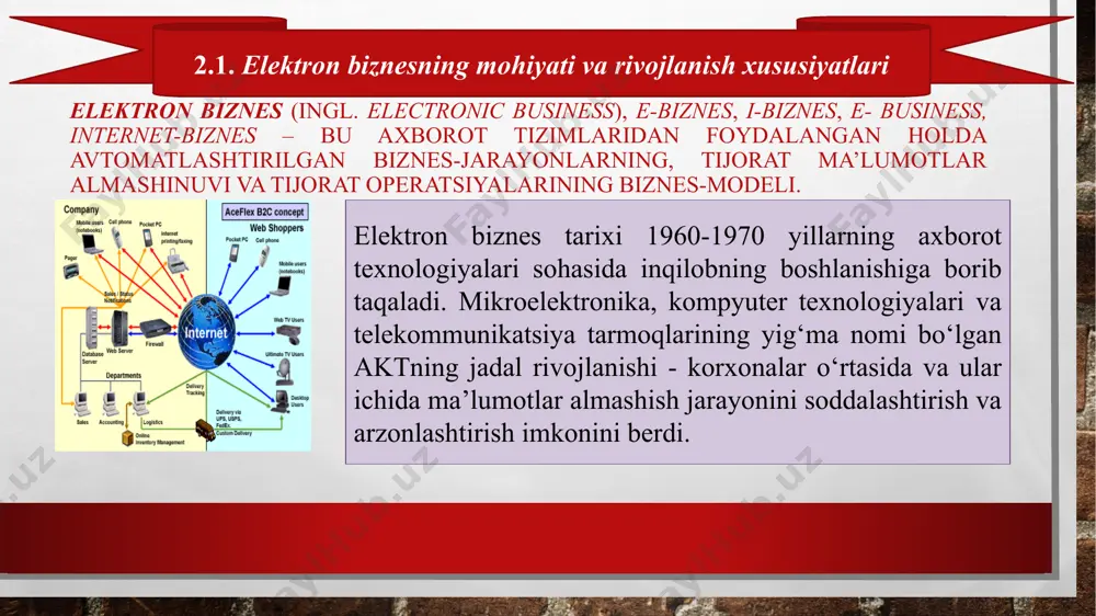 rga muvofiq elektron shaklda ma’lumotlardan nusxa olish yorug‘lik tezligida amalga oshirilishi mumkin; sotuvchi va xaridor o‘rtasidagi masofaning yo‘qolishi. avstraliya bo‘ylab samolyotda bo‘lib turib, kanadalik xaridorga chang‘ilarni osongina sotish mumkin; hatto kichik tashkilotlar ham o‘z sohasidagi yirik gigant tashkilotlar bilan raqobatlasha olish imkoniyati. shuningdek, boshqa bevosita va bilvosita afzalliklarga ega. elektron biznes innovatsiyalarning faol shakllanishi va ulardan foydalanish, shuningdek, fanlararo tadqiqotlarning qidiruv sohasi hisoblanadi. bu holatni ushbu masalaga bag‘ishlangan ko‘plab ilmiy konferensiyalar, shuningdek, elektron biznes uchun yangi echimlarni izlash bilan shug‘ullanadigan ko‘plab ilmiy markazlarning faoliyati buni tasdiqlaydi. deyarli barcha kompyuter, tarmoq uskunalari va dasturiy ta’minot yaratuvchi yirik kompaniyalar elektron biznes uchun texnologik echimlar yoki integrallashgan tizimlarni taklif qiladi: ibm, hewlett- packard, compaq, intel, sun microsystems, cisco systems, microsoft, computer associates international, navision va boshqalar. razvitie elektronnoy torgovli i elektronnыx sredstv vzaimodeystviya otmecheno kak odno iz prioritetnыx napravleniy programmы «elektronnaya rossiya». elektron biznes bilan shug‘ullanadigan kompaniyalar gegrafik jihatdan cheklanmaganlar va o‘z vaqtlarini …