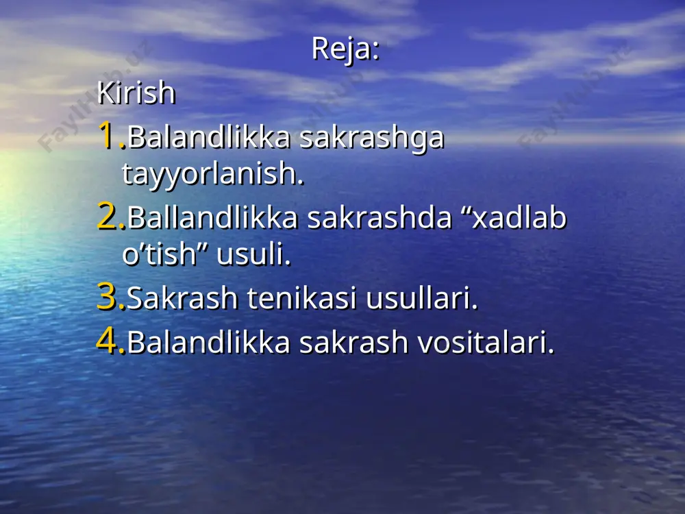 ga yakinlasha borgan sari orta boradi. eng usta sakrovchining sakrash paytidagi tezligi 6,5-7 m/s yetadi (v.brumelning 220 sm dan ortik balandlikka sakragandagi tezligi 8 m/s ga yakin). yugurib kelishning oxirgi 2-4 kadamlarida sportchi sakrashga tayyorlanadi, u oxirgi yugurish kadamlarini tez bajaradi, lekin oxirgidan bitta oldingi kadamdan boshlab tayanch fazasida oyokni ko`proq buka boshlaydi, shu sababli tayanch fazalari uchish fazasidan ko`proq buladi. sakrovchi tanasining umumiy ogirlik markazi oxista pasaya boradi. bunga oxirgi kadamlarni uzaytirish va ularni oyok tagini tula yerga kuyib bajarish xamda gavdani oldinga engashtirish yordam beradi. sakrovchi tanasining umumiy ogirlik markazi yugurib kelishining oxirigidan bitta oldingi kadamida eng kup pasayadi. balandlikka sakrovchining mashqlar 1. uzokdan tugri burchak xosil kilib yugurib kelib «kutarilish» usulida sakrab plankadan utishda gavdani vertikal tutish. 2. uzokdan yugurib kelib erkin sakrab, silkinch oyokni yoki shu oyok tomondagi kulni iloji boricha eng balandga osiglik koptokka yetkazish. 3. turgan joydan uch xatlab sakrash yoki ikki oyok bilan …