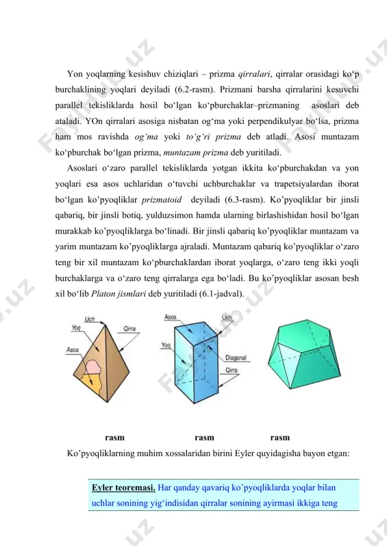 ari va inshootning boshqa qismlari ko’pyoqliklardan iborat bo‘ladi. ko’pyoqliklardan yana «geodezik» gumbazlar yasashda, keng oraliqli binolarni ustunsiz yopishda keng foydalaniladi. qadimiy binolarda esa gumbaz, gumbaz osti, bino gumbazidan prizmatik qismiga o‘tish joylarida bezak-ornament sifatida ham qo‘llanilgan. ko’pyoqliklarning tekis chizmada tasvirlanishi. ko’pyoqliklar chizmada o‘z aniqlovshilarining to‘g‘ri burchakli proyeksiyalari orqali beriladi. 6.10–rasmda sabs piramidaning tekis chizmasi o‘z aniqlovshilari: s(sʹsʹʹ) ushi, asosi abs(aʹbʹsʹ, aʹʹbʹʹsʹʹ) uchburchakning proyeksiyalari orqali tasvirlangan. sa, sb, … qirralarning proyeksiyalari s,a,b,s uchlarining bir nomli proyeksiyalarini birlashtiruvshi sʹaʹ va sʹʹaʹʹ, sʹbʹ va sʹʹbʹʹ va x.k. kesmalar bo‘ladi. yoqlarining proyeksiyalari esa qirralarning proyeksiyalari bilan chegaralangan sʹaʹbʹ va sʹʹaʹʹbʹʹ, sʹaʹsʹ va sʹʹaʹʹsʹʹ,… tekis rasmlardan iborat bo‘ladi. ko’pyoqliklar sirtidagi ixtiyoriy ye(eʹʹ) nuqtaning yetishmagan eʹ proyeksiyasi yon tekislikka tegishli ixtiyoriy ℓ(ℓʹ, ℓʹʹ) to‘g‘ri chiziq vositasida yasaladi (6.10-rasm). rasm adabiyotlar: 1. sh.k. murodov va boshqalar. chizma geometriya. toshkent, «iqtisod-moliya», 2006, 2008. 2. b.b.qulnazarov. chizma geometriya. toshkent, «o‘zbekiston», 2006. 3. a.n. valiyev. perspektiva. toshkent, «tdpu rizografi», 2006. …