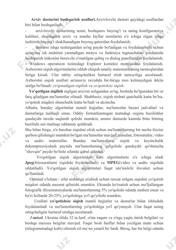 ivlash dasturlari deb ataladi. hajmi katta bo'lgan arxiv fayllari bir nechta disklarda (jildlarda) joylashgan bo'lishi mumkin. bunday arxivlar deyiladi ko'p jildli... jild ko‘p jildli arxivning ajralmas qismi hisoblanadi. bir nechta qismlardan arxiv yaratish orqali siz uning qismlarini bir nechta ommaviy axborot vositalariga yozib olishingiz mumkin. arxivlash dasturlarining asosiy turlari. hozirgi vaqtda bir necha o'nlab arxivlash dasturlari qo'llaniladi, ular funktsiyalar ro'yxati va operatsion parametrlari bo'yicha farqlanadi, ammo ularning eng yaxshilari taxminan bir xil xususiyatlarga ega. eng mashhur dasturlar orasida: zip (va uning modifikatsiyasi winzip), winrar, arj (va uning navlari), g-zip, 7-zip. arxivlash dasturlari sizga bunday arxivlarni yaratish, ulardan hech qanday dastur kerak bo'lmagan fayllarni chiqarib olish imkonini beradi, chunki arxiv fayllarining o'zida paketni ochish dasturi bo'lishi mumkin. ushbu arxiv fayllari o'z-o'zidan ochiladigan fayllar deb ataladi. o'z-o'zidan ochiladigan arxiv fayli - bu yuklanadigan, bajariladigan modul bo'lib, arxivator dasturidan foydalanmasdan undagi fayllarni o'z-o'zidan chiqarishga qodir. o'z-o'zidan ochiladigan arxiv nomini oldi sfx arxivi(o'z-o'zidan chiqarish). …