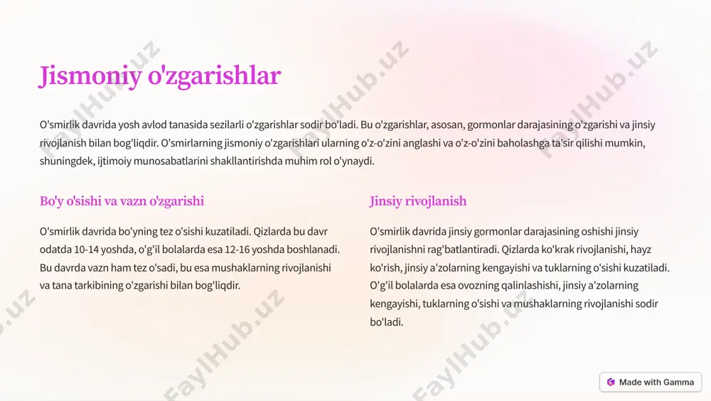 ar o`zlarini atrofidagi dunyoni tanqidiy ko`z bilan qarashni o`rganadilar. ular ma`lumotlarni tekshirib, xatoliklarni aniqlash, shubhalarni bildirish va turli fikrlarni muhokama qilishni o`rganadilar. bu ularning mustaqil va erkin fikrlash qobiliyatini rivojlantiradi. https://gamma.app/?utm_source=made-with-gamma o'z-o'zini anglash va o'z-o'zini baholash o'smirlik davrida shaxs o'ziga nisbatan chuqurroq tushunchaga ega bo'lib, o'zining qobiliyatlari, qiziqishlari va qadriyatlarini aniqlashni boshlaydi. o'z-o'zini anglash va o'z-o'zini baholashning o'zaro bog'liqligi ushbu davrda muhim rol o'ynaydi. o'z-o'zini anglash o'z-o'zini anglash - bu o'zining ichki dunyosi, qobiliyatlari, xususiyatlari, qiziqishlari va qadriyatlarini chuqur tushunishdir. o'smirlar o'zlarining kuchli va zaif tomonlarini, afzalliklari va kamchiliklarini aniqlay boshlaydilar. ular o'zlarining shaxsiyatini shakllantirishda va kelajakdagi hayot yo'llarini tanlashda muhim rol o'ynaydigan qadriyatlarni shakllantiradilar. o'z-o'zini baholash o'z-o'zini baholash - bu o'ziga nisbatan bo'lgan fikr va his-tuyg'ular to'plami. o'smirlar o'zlarini boshqalar bilan solishtiradilar, o'zlariga nisbatan talabchanlik va idealizmni namoyon qiladilar. o'z-o'zini baholash darajasi o'smirlarning o'ziga ishonchliligi, motivatsiyasi va muvaffaqiyat darajasiga ta'sir qiladi. o'smirlar o'ziga ishonchli va salbiy o'z-o'zini baholash o'rtasida …