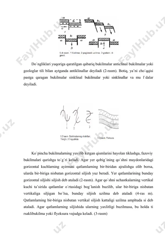 uzilishlar) uzoq muddatli bo`lib, ancha katta maydonlarda tarqalgan bo`ladi. yer qobig`ining yuzasi uzilishlar bilan turli shaklli va o`lchamli bo`laklarga bo`linganga o`xshaydi. ajralgan bo`laklar chegaralari bo`shroq maydonlar (choklar) ni tashkil etadi. ana shu sababdan yerning ichki kuchiga bog`liq bo`lgan hodisalar, yer qobig`ini biror maydonini ko`tarib yoki tushirsa, shu maydon shakli yerning ichki uzilishidan hosil bo`lgan to`rlar shaklini oladi. ichki uzilishlar yo`nalishiga qarab, butun tektonik xududlar aniq bir yo`nalganlikka ega bo`ladi. agarda geologik yoki tektonik xaritaga qaraladigan bo`lsa, baykal ko`lidan toki italiyagacha bo`lgan tizmalar bir xil, shimoliy-sharqiy yo`nalish tomonga cho`zilgandir. yer qobig`ining ichki uzilishlar bo`yicha bo`linishi ichki geologik jarayonlar o`zgarishida asosiy rolni o`ynaydi. yer qobig`ining pul’siv tebranma harakati katta maydonlarda ro`y beradi va katta amplitudali ko`chishlar bilan haraktyerlanadi. pul’satsion tebranishlar yer qobig`ining chuqur qismida ro`y berayotgan bukilmali harakatlar bilan chambarchas bog`liqdir. ular bukilmali xududlarni yer yuzasiga tog`lar ko`rinishida ko`tarib chiqadi. shundan ko`rinadiki bu hodisa tufayli yer qobig`ining maydonlarining ko`tarilishi va pasayishi nisbatan …