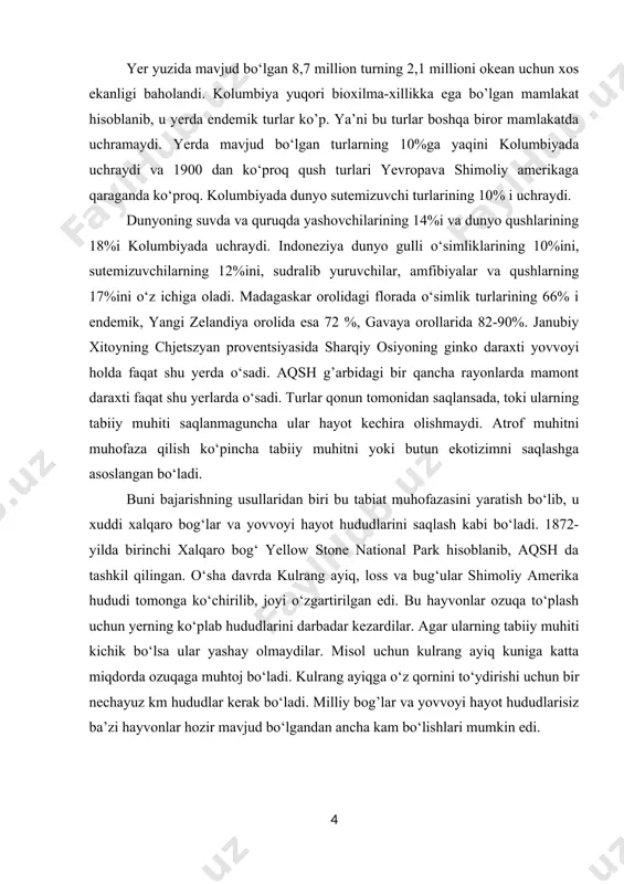 i), turkiston gekkoni, qum bo‘g‘ma iloni, xo‘jasavdogar, babrinskiy qo‘shoyog‘i, ingichka barmoqli qo‘shoyoq, ko‘k sug‘ur va boshqa ko‘pgina turlar kiradi. ular boshqa joylarda deyarli uchramaydi. o‘rta osiyoga shimoldan va shimoli-sharqdan o‘tgan hayvonlarning katta guruhi qozog‘iston tekisliklari hayvonot dunyosiga o‘xshash. bular orasida katta qum sichqoni, kichik qo‘shoyoq, qo‘ng‘ir yumronqoziq, antilopa sayg‘oq, kichik tulki qorsoq, qora sassiqquzan, yovvoyi mushuk va boshqalar bor. cho‘llarda yashaydigan jayron, barxan mushugi va qorakal old osiyo va shimoliy afrika cho‘llari hayvonlaridan qadimda kirib kelgan turlardir. o‘zbekistonning janubida uchraydigan burama shoxli echki, afg‘on dala sichqoni, mayna, qunduz va boshqalar afg‘oniston faunasiga xosdir. tog‘li hududlarning hayvonot dunyosiga markaziy osiyoning tog‘li hududlaridan ko‘p turlar o‘tgan. bular himolay ulari, tibet quzg‘uni, sibir echkisi, ilvirs. o‘zbekistonning tekislik qismida hindistondan kelgan turlar yo‘lbars, sirtlon chiyabo‘ri, asalxo‘r va boshqalar tarqalgan. o‘zbekiston tabiati xilma-xil bo‘lganligi uchun uning hududida har bir joyning o‘ziga xos turli-tuman hayvonlarni uchratish mumkin. ular respublikamiz tabiatining zonal va regional xususiyatlariga mos tarqalgan. …