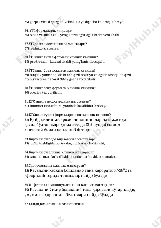 заҳарланиш белгилари пайдо бўлади 37.кандидамикознинг этиологияси? 37) кандидоз - оғиз бўшлиғида энг кўп учрайдиган замбуруғли инфекция (candidiasis oris) бўлиб, молочница хасталигини чақирувчи замбуруғлардир (candida albicans). 38.кандидозли специфик инфекуияда обшк нинг клиник куриниши. 38) хасталик оғир шаклда кечганда шиллиқ парда қизариб, замбуруғлар кўпайиши натижасида шиллиқ парда сатҳидан кўтарилиб турувчи оқ, ипир-ипир ириган сутга ўхшаш караш пайдо бўлади 38. гингивит ва пародонтитнинг чегараланган тарзда кечишининг сабаблари нималардан иборат? 38)mahalliy omillar natijasida 39. диффуз тарза кечадиган пародонтит ва гингивит сабаблари тўғрисида гапириб беринг. 39)tarqalgan, mahalliy 40. лаб ва тил тизимчаларининг калталигида қандай гингивит ривожланади? 40) atrofik gengivit 41.тишлар чуқур кийишганда ва очиқ тишлар ҳолатида кузатиладиган гингивит тури тўғрисида гапириб беринг. 41) gipertrofik 42.пародонт хасталикларини даволашда oғиз бўшлиғи гигиенасининг аҳамияти нимадан иборат? 43.пародонт хасталикларида маҳаллий сабабларни бартараф этиш учун қандай тадбирлар амалга оширилади? 44.физиомуолажалар милк тўқимасига қандай таъсир кўрсатади? 45.пародонт тўқималарининг яллиғланиш хасталикларига қандай симптоматик даво тадбирлари қўлланилади? 46..қандай шароитларда оғиз бўшлиғи шиллиқ пардаси …
