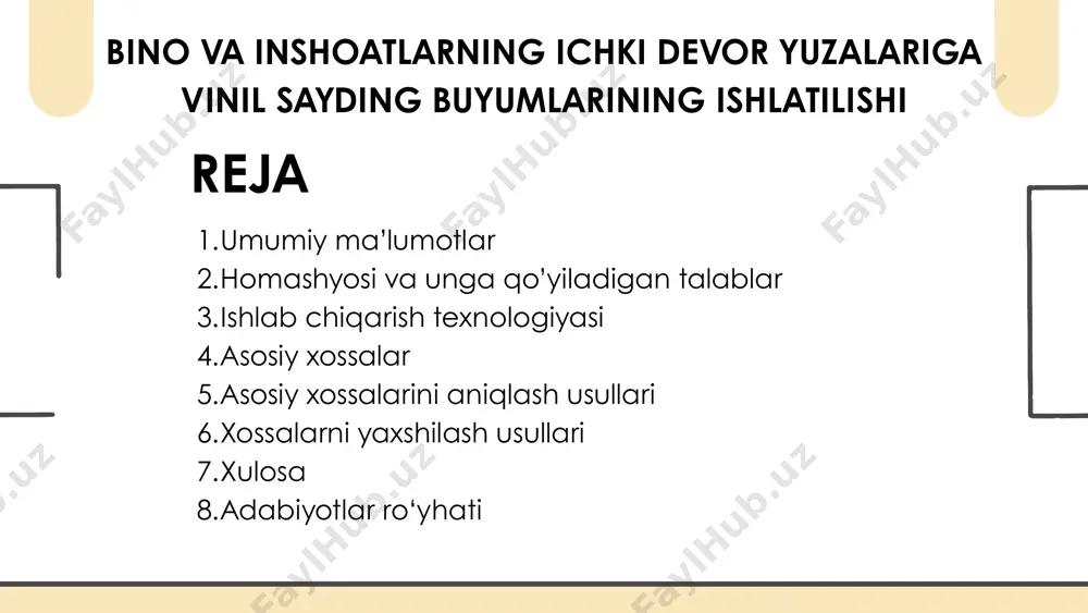 ‘zgarishiga bardoshli bo‘lishi uchun qo‘shiladi. plastifikatorlar – elastiklik va yoriqlarga chidamlilikni oshiradi. uv-filtrlar – quyosh nuri ta’siridan himoya qiladi. bo‘yoq pigmentlari – rang-baranglik va estetik ko‘rinish beradi. to‘ldiruvchilar (masalan, karbonat angidrid, titan dioksid) – zichlik va mustahkamlikni oshiradi. 2. unga qo‘yiladigan talablar ichki devor yuzalari uchun ishlatiladigan vinil sayding quyidagi talablarga javob berishi kerak: a. fizik-mexanik talablar yuqori mustahkamlik – mexanik zarbalarga chidamli bo‘lishi lozim. elastiklik – egilish yoki bukilish paytida sinmasligi kerak. yorilishga qarshilik – past haroratlarda ham mustahkam bo‘lishi kerak. b. kimyoviy talablar namlikka chidamlilik – vinil sayding suv va bug‘ ta’siridan shishmasligi kerak. kimyoviy barqarorlik – turli tozalovchi vositalarga chidamli bo‘lishi lozim. zaharli moddalarning chiqmasligi – ekologik xavfsizlik talablariga javob berishi kerak. c. estetik va ekspluatatsion talablar yuza silliq va chiroyli bo‘lishi – notekislik, pufakchalar yoki dog‘lar bo‘lmasligi kerak. oson tozalanish – chang va dog‘larni oson tozalash mumkin bo‘lishi kerak. rang o‘zgarmasligi – uzoq muddat foydalanishda ham …