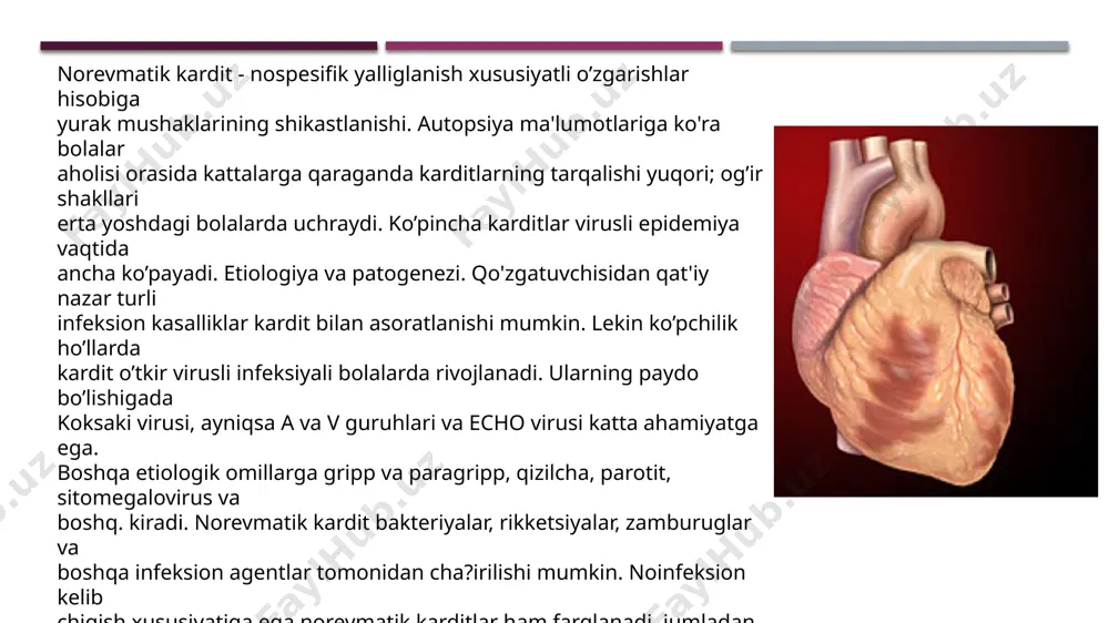 niqlansa tugma kardit tashqisi ishonchli deb qaraladi, agar ular bola hayotining birinchi oylarida interkurrent kasalliksiz va/yoki onaning homiladorlik davrida anamnestik ma'lumotlar bo’yicha aniqlansa ehtimolli deb qaraladi. anatomik substratlari bo’yicha tug'ma karditlarni erta va kechkilarga ajratishadi. erta karditning morfologik belgisi endo- va miokardning fibroelastoz yo’ki elastofibrozidir. kechki tugma karditlar bunday belgilarga ega emas. elastik toqimaning ko’p sonli bo’lishiga yurakning erta fetal davrda shikastlanganligi to’g’risida guvoqlik beradi (xomila ichi rivojlanishining 4-7 oylari), bu davrda homila toqimasi alterasiyaga elastoz va fibroz to’qima proliferasiyasi bilan javob beradi. yurak zararlanishi homilaning 7 oyidan so’ng bo’lsa ("kech fetopatiya") oddiy yallihlanish reaksiyasi rivojlanadi va fibroelastoz kuzatilmaydi. makroskopik makroskopik erta tugma karditlarda dilatasiya va chap qorincha miokard gipertrofiyasi bilan kechuvchi kardiomegaliya aniqlanadi, uning endokardi ancha qalinlashgan bo’ladi. deyarli 2/3 bemorlarda klapan apparati shikastlanishi kuzatiladi (gemodinamik yoki yallihlanishdan keyingi).yurak zararlanishining birinchi belgisi tug'ma karditlarning ushbu ikkita variantida hayo’tning birinchi 6 oyida (ba'zida 2-3-yoshligida) paydo bo’ladi. erta tug’ma karditlarning tashxisiy …