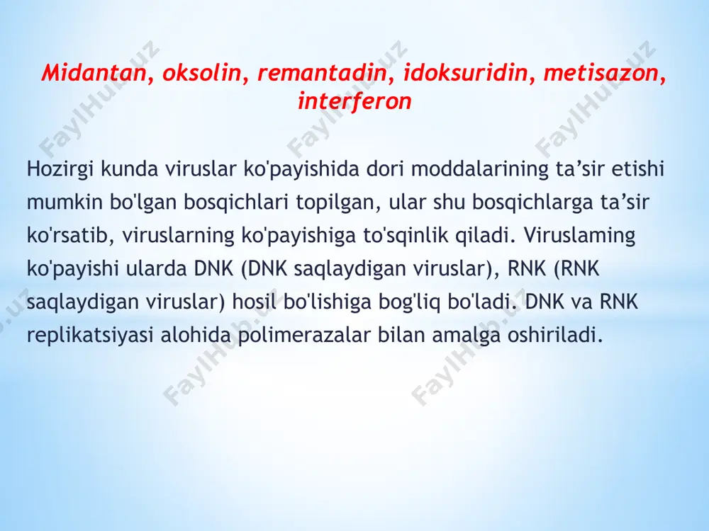 alliklarida hamda grippning oldini olish uchun qo'llanadi. ishlatilishi. - ko'zning adenovirusli kon’yunktivitida-tomchilar shaklida, - teri, burun adenovirusida -malham sifatida qo'llanadi. grippning oldini olish uchun ham malham shaklida burun shilliq qavatiga qo'yiladi. malham va tomchilar qo'yilgan joyni ta’sirlab, qichitishi mumkin, bu holat tezda o'tib ketadi. metisazon -chechak virusiga qarshi ta’sir ko'rsatadi, viruslarning tuzilishiga kerakli oqsil hosil bo'lishiga to'sqinlik qilishi mumkin. qorachechakning oldini oladi, asosan chechakka qarshi emlanganda terida qolgan asoratlami davolashda qo'llanadi, metisazon ichish uchun tayinlanadi. atsiklovir - viruslar dnk sining hosil bo'lishiga to'sqinlik qiladi, ayniqsa, oddiy gerpes lishay virusiga qarshi ta’sir ko'rsatadi. modda immunostimullovchi xususiyatga ham ega. biologik moddalar qatoriga interferon kiritiladi. 1957 - yilda gripp virusi bilan jarohatlangan hujayralarda viruslarning ko'payishiga to'sqinlik qiladigan alohida oqsil hosil bo'lishi va uning tashqi muhitga ajralishi aniqlangan. bu jarayon ikkita yoki bir necha viruslar interferensiyasi o'rganilganda aniqlangan. bunda birinchi virus hujayra ichiga kirib uni oqsil bilan berkitadi, boshqa viruslami qo'ymaydi. hujayralardan ajraladigan modda …