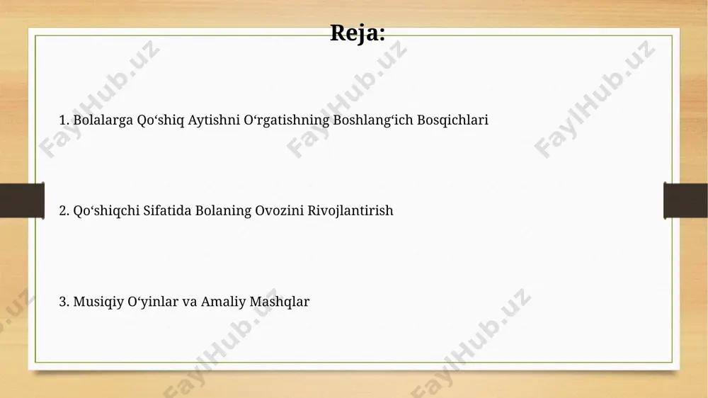 larga 5-7 ta oddiy qo‘shiqni yodlashni o‘rgatishda, har bir qo‘shiqni 2-3 marta takrorlash va har xil ohangda kuylash samarali bo‘ladi. bu ularning xotirasi va musiqiy idrokini rivojlantiradi. musiqiy o‘yinlar, jumladan, "kim balandroq kuylaydi?", "qo‘shiqni tugat" kabi musobaqalar bolalarning ovoz balandligini boshqarish va qo‘shiq kuylashga bo‘lgan qiziqishini oshirishga yordam beradi va ularni 3-5 ta qo‘shiqni mukammal bajarishga o‘rgatadi. ritm va melodiya hisini rivojlantirish melodiya hissiyotini shakllantirishda 5-7 yoshli bolalarga 5-7 ta sodda notani o‘z ichiga olgan qo‘shiqlarni takrorlash orqali muloqot qilishni o‘rgatish muhim, bu ularning eshitish xotirasini yaxshilaydi. ritmni rivojlantirishda 3 yoshdan 5 yoshgacha bo‘lgan bolalar uchun oddiy perkussiya asboblari, masalan, daf yoki tamburinlardan foydalanish samarali bo‘ladi, bu ularning ritmik tuyg‘ularini 2-3 barobar oshiradi. ovoz chiqarishning asosiy tamoyillari rezonansni to'g'ri boshqarish uchun, ko'krak, bosh va burun bo'shliqlarining 3 ta rezonans zonasini faollashtirishga urg'u berish lozim. bolalar ovozi 3 yoshdan 7 yoshgacha o'zgarib boradi, shuning uchun ushbu davrda nafas olish mashqlari va …