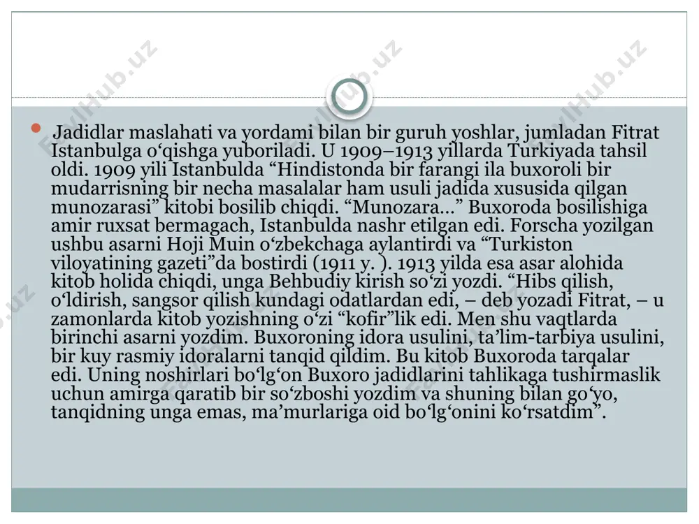 utida, oʻzbekiston fanlar qoʻmitasida ishladi. bu yillari u sheʼrlar, pyesalar bilan birga nihoyatda koʻp va teran ilmiy asarlar yozdi. ammo fitratning millatparvarligi bolsheviklar va shoʻro hukumati rahbarlariga yoqmas edi. uni a. qodiriy, choʻlpon, botu, u. nosirlar bilan birgaliqda millatchiliqda ayblash tobora avj oldi. fitrat “men oʻzbek millatchisi boʻlgan zamonlarda (millatparvari demoqchi. – s. m. ) har vaqt shoʻro hukumatiga, kommunistik firqasiga xayrixoh boʻlib turdim”, deb yozgan edi. afsuski, xalq ideali va baxt-saodati, haqiqat, adolat, maorif, fan, madaniyat va millat taqdiri uchun tunu kun mehnat qilgan bu ulugʻ zotni shu partiya, shu shoʻrolar hukumati aksilinqilobchi, millatchi, “xalq dushmani” deb aybladi, 1937 yil aprelda hibsga oldi va 1938 yil 4 oktyabrda a. qodiriy, choʻlponlar bilan birga vahshiylarcha otib tashladi. ularni otish haqidagi hukm bir kun keyin, yaʼni 1938 yil 5 oktyabrda chiqqan. 1957 yilda sobiq ittifoq oliy sudining harbiy kollegiyasi 1938 yil 5 oktyabrdagi hukmni bekor qildi va fitratni aybsiz deb topdi …