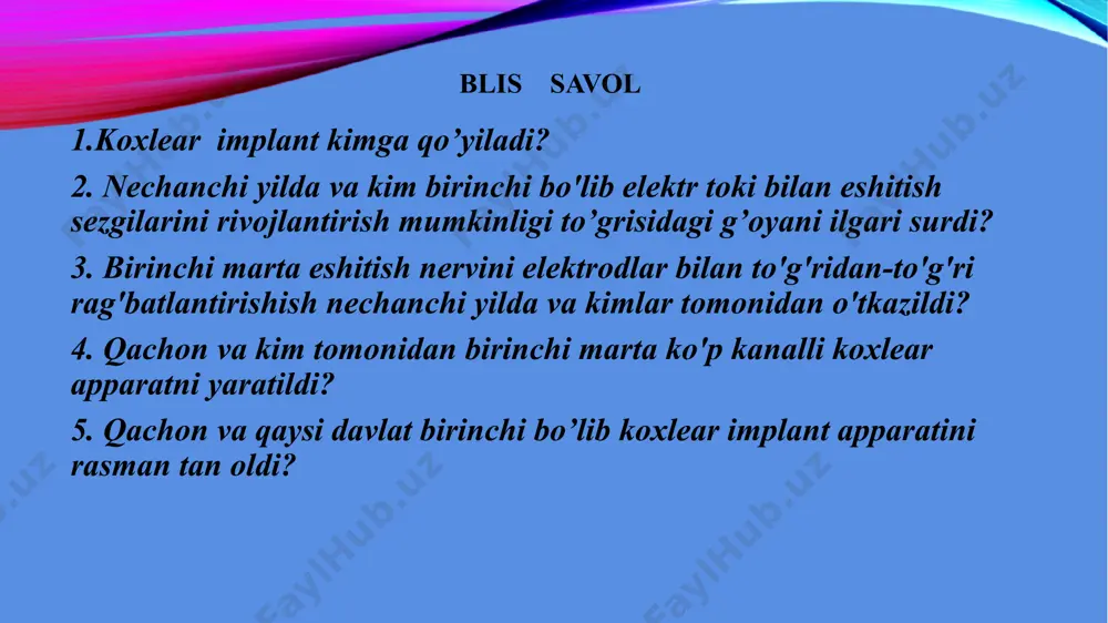 ’zaki nutqning shakllanishi jadallashadi; bolalarning lug’at boyligi jadal ravishda oshadi; ijtimoiy jamiyatga tez va samarali moslashadi. mustaqil bajarish uchun topshiriqlar : “koxlear implantant tushunchasi. uning zamonaviy modellari va funksional imkoniyatlari” mavzusi bo’yicha slayd tuzing. 2. quyidagi savollarga javob yozing: koxlear implantli nima? koxlear implantning maqsadi nima? koxlear implantning vazifalari nimalardan iborat? koxlear implant imkoniyatlari qanday? koxlear implant qanday tekshiriladi? adabiyotlar: 1.н.и. королёва имплантация глухих детей и взрослых м санкт –петербург 2009 2. муминова л.р., назарова д. о готовности детей с проблемами слуха к школьному обучению./ модернизация педагогического образования: проблемы и перспективы: материалы международной научно-практической конференции. – алматы, 2008. – с.10-12. 3. назарова д. сурдопедагог ва ота-оналар ҳамкорлиги // бошланғич таълим, 2007, № 2. 4.назарова д. эшитишида муаммоси бўлган болаларни оилада мактаб таълимига тайёрлаш. ота-оналар учун методик қўлланма. – тошкент: а.авлоний номидаги хтхқтмоми, 2007. 5. сатаева а.и. кохлеарная имплантация как средство помощи глухим людям. - :журнал воспитание и обучение детей с …
