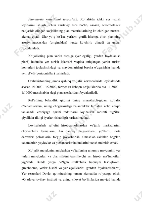 izontallar) tushiriladi. o‘zbekistonning jamoa qishloq xo‘jalik korxonalarida loyihalashda asosan 1:10000 - 1:25000, fermer va dehqon xo‘jaliklarida esa - 1:5000 - 1:10000 masshtablar-dagi plan asoslaridan foydalaniladi. rel’efning balandlik qirqimi uning murakkabli-gidan, xo‘jalik o‘lchamlaridan, uning chegarasidagi balandliklar farqidan kelib chiqib tanlanadi. eroziyaga qarshi tadbirlarni loyihalash zarurati tug‘ilsa, qiyaliklar tikligi (yerlar nishabligi) xaritasi tuziladi. loyihalashda rel’efni hisobga olmasdan xo‘jalik markazlarini, chorvachilik fermalarini, har qanday chega-ralarni, yo‘llarni, ihota daraxtlari polosalarini to‘g‘ri joylashtirish, almashlab ekishlar, bog‘lar, uzumzorlar, yaylovlar va pichanzorlar hududlarini tuzish mumkin emas. xo‘jalik maydonini aniqlashda xo‘jalikning umumiy maydonini, yer turlari maydonlari va ular sifatini tavsiflavchi yer hisobi ma’lumotlari yig‘iladi. bunda yerga bo‘lgan mulkchilik huquqini tasdiqlovchi guvohnoma, yerlar hisobi va yer egaliklarini (yerdan foydalanishlarni) yer resurslari davlat qo‘mitasining tuman xizmatida ro‘yxatga olish, «o‘zdaverloyiha» instituti va uning viloyat bo‘limlarida mavjud hamda «o‘zkadastrtasvir» sho‘ba korxonasi tomonidan yerlarni inventarizatsiyalash va yer monitoringi, dala izlanishlari davrida olingan yer turlari konturlari maydonlarini hisoblash, grafik hisob materiallari ma’lumotlaridan foydalaniladi. xo‘jalik …