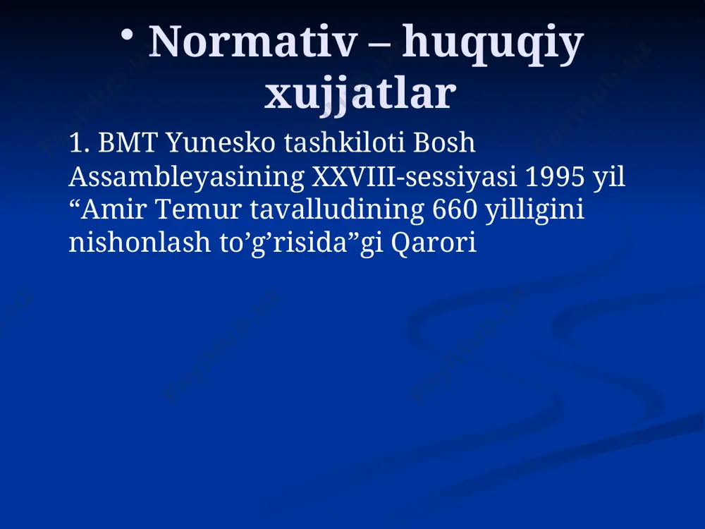 haykali. 1993 yil 31 avgust “mamlakatimizning marka- zida, qadimiy va go’zal poytaxtimiz toshkentimiz o’rtasida qad ko’targan ulug’ bobomiz siymosi xalqimizga faxr va surur bahsh etmog’i muqarrar. mustaqil o’zbekistonda amir temur shaxsi vatan va millat timsoliga aylandi” islom karimov amir temurning samarqanddagi haykali. 1996 yil 18 oktyabr samarqand millatni –millat, davlatni –davlat qilgan amir temur daholik qudratinig ramzi, beqiyos ifodasidir. amir temur davlatining poytaxti samarqand jahon sayqaliga aylangan edi. islom karimov shahrizabz. amir temur haykali. 1996 yil 18 oktyabr sohibqiron amir temurga beshik bo’lgan makon – shahrisabz – kesh, uni voyaga yetkazgan ota makon, yurtimizni bosqinchilar- dan ozod qilish va kuchli davlat tuzish g’oyalari huddi shu yerda vujudga kelgan. islom karimov temuriylar tarixi davlat muzeyi. 1996 yil 18 oktaybr temuriylar tarixi davlat muzeyi nafaqat tariximizning bebaho xazinasi, balki ulkan tarbiya o’cho’gi hamdir. zero, buyuklar bosib o’tgan yo’lni zehn va qunt bilan o’rganish har bir insonni kamolot pog’onalari sari eltadi. audio1.wav image1.png …