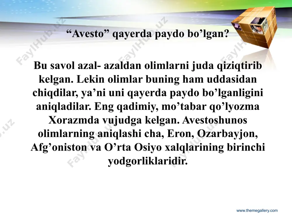 blarning sevgisi” deb nom qo’yilishi bejiz emas. chunki bu asarda navoiy insonlarga qalbidagi eng kerakli o’g’itlarni bayon etib, ularni turmushdagi, oilaviy hayotdagi turli hodisalar va vaziyatlardan chiqishga imkon beruvchi yaxshi fazilatlar, ularni tarbiyalash masalalariga diqqatni qaratadi. www.themegallery.com аlisher navoiyning erxotin munosabatlari, burchlari, ayollar fazilati, ularning oilada tutgan oʼrni haqidagi qarashlari beqiyosdir. «mahbub-ul-qulub» asarining «uylanish va xotinlar toʼgʼrisidagi» faslida mutafakkir uylanish va uning foydasi, oila odobi va oilada ayollarning fazilatlari haqida ajoyib fikrlarni bayon etgan. navoiy ayolning turmushdagi hissasiga quyidagicha toʼxtaladi: «yaxshi xotin – oilaning davlati va baxti. uyning ozodaligi undan, uy egasining xotirjam va osoyishtaligi undan husnli boʼlsa – koʼngil yozigʼi, xushmuomala boʼlsa – jon ozigʼidir. oqila boʼlsa, roʼzgʼorda tartib-intizom boʼladi, asbob-anjomlar pokiza va saranjom turadi» www.themegallery.com markaziy osiyo xalqlarining «аlpomish», «kuntugʼmish», «goʼroʼgʼli», «oysuluv», «layli va majnun», «yusuf va zulayho», «manas», «qizjibek», «qozi kurpesh bayan suluv» kabi dostonlarida erkak va ayol oʼrtasidagi sof insoniy munosabatlar, muhabbat, sadoqat, yorga vafo mavzusi …