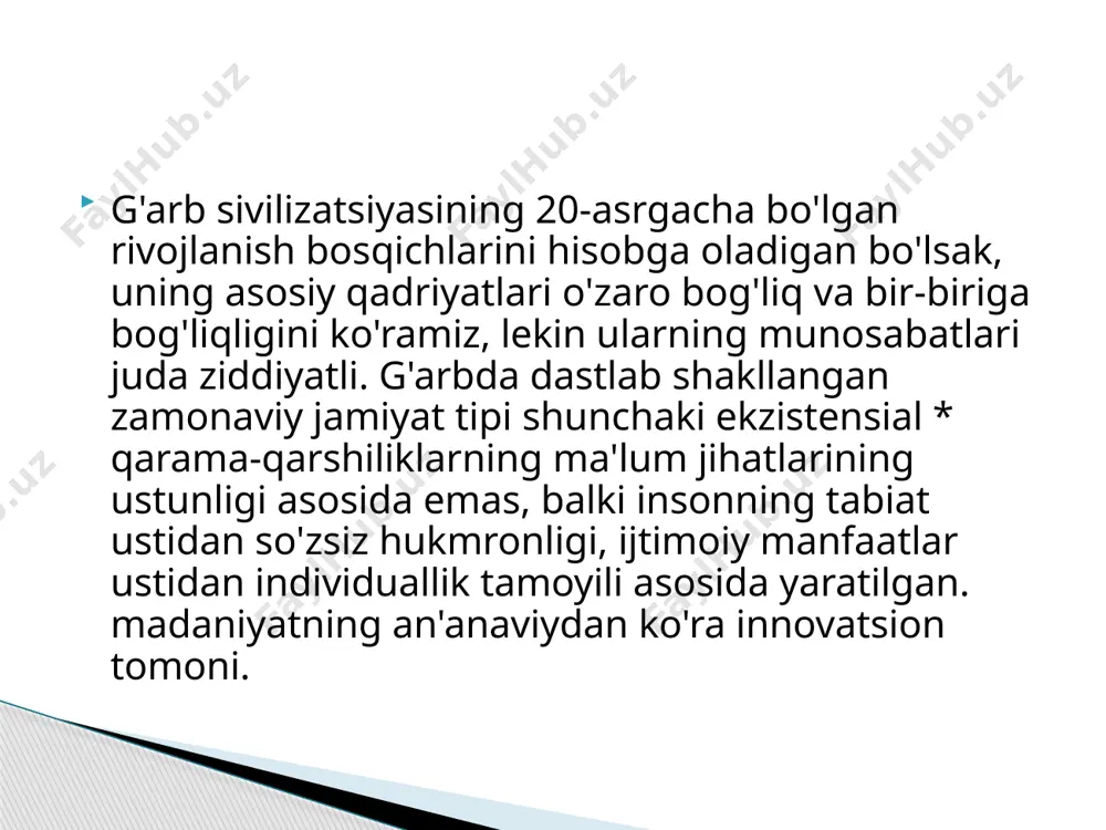 yo'lida. ikkinchi holda, yolg'izlik va yordamsizlik hissi tufayli, o'z shaxsiyligidan voz kechish va shu bilan tashqi dunyo bilan birlashish istagi paydo bo'ladi. erkin iroda in'omidan voz kechib, u bir vaqtning o'zida o'z tanlovi uchun javobgarlik "yuki" dan ozod bo'ladi. erkinlikdan qochish vasvasasi ayniqsa 20-asrda kuchli edi. o'zining chuqur asosiga ko'ra, bu yuqorida aytib o'tilgan yangi evropa tipidagi shaxsning inqirozi edi. inqiroz g'arb odamlari tomonidan mavjudlik ma'nosini yo'qotishida to'liq namoyon bo'ldi. "ma'noni yo'qotish" - bu avvalgi bosqichlarda rivojlangan insonning dunyodagi (uni o'rab turgan haqiqatda ham, o'z qalbida ham) yo'naltirish tizimining qulashi. tarixiy rivojlanish (https://osnovaschool.ru/uz/technique/sovremennye-problemy-nauki-i-obrazovaniya-istoricheskii-retrospektivnyi/). evropa tsivilizatsiyasi mavjud bo'lgan uzoq asrlar davomida, shubhasiz, bu tizimning markazida uning nasroniy xilma-xilligida xudoga bo'lgan ishonch bo'lgan. hayotning yo'qolgan ma'nosini izlash 20-asr g'arb ma'naviy hayotining asosiy mazmunidir. ushbu asrning boshida g'arbning global inqirozi haqiqatga aylandi va aslida uning birinchi yarmida davom etdi. g'arb tsivilizatsiyasi o'limga qanchalik yaqin bo'lganligi allaqachon birinchi bo'lib ko'rsatilgan jahon urushi (https://osnovaschool.ru/uz/geometry/v-dzhunglyah-naideny-dvoe-yaponskih-soldat-ne-znavshih-ob-okonchanii/). bu …