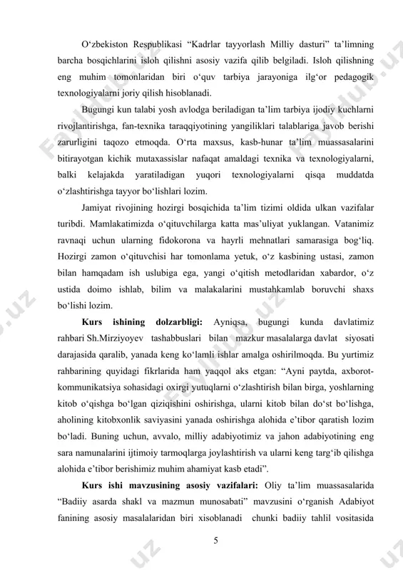 arda shakl va mazmun munosabati. kurs ishi mavzusining mazmuni: maskur kurs ishi kirish, asosiy qism, asosiy qism ikkita bobdan tashkil topgan va rejalarga ajratilgan hamda xulosa va foydalanilgan adabiyotlar ro‘yhatidan tashkil topgan. i. bob. badiiy asarda shakl va mazmun munosabati 1.1. mazmun va shaklning o‘zaro aloqadorligi badiiy asarda mazmun va shakl dialektik aloqada bo‘ladi: biri ikkinchisiga, ikkinchisi birinchisiga o‘tib turadi. xatto shunday ham bo‘lishi mumkinki, asarning bir komponenti bir komponenti bir holatda mazmun hodisasi, ikkinchi holatda shakl hodisasi bo‘lib hisoblanadi. shunga ko‘ra, mazmun bilan shakl orasiga xitoy devorini qo‘yib, ularni qat’iy chegaralab bo‘lmaydi. badiiy ijoddagi mazmun va shaklning o‘zaro dialektik munosabati filosofiyadagi sabab va natija o‘rtasidagi o‘zaro aloqadorlikka uxshab ketadi. badiiy ijodda mazmun va shakl dialektik birlikda va bir-biriga utuvchi hodisa sifatida olib tekshiradi. xaqiqatan ham mazmun va shakl bir-biri shu qadar o‘zviy bog‘liqki, ularning biri ikkinchisisiz yashay olmaydi: shakl biror narsa ( mazmun)ning shakli, tashqi ko‘ranishi - shusiz shaklni …