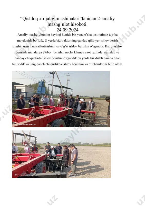 ga to’plab ketsa, johon deere esa rulon yani o’rama qilib ketishiga guvoh bo’ldik. bularning ikkisi ham olti qatorni bir o’tishda terishga moslashgan.bu mashinalarda terilayotgan paxtaning sifatiga zarar yetmaydi.ish samaradorligi oshish bilan birgalikda ishchi kuchi sariflanmayda va bu iqtisodiy samaradorlikka olib keladi. comment by admin: “qishloq xo’jaligi mashinalari”fanidan 5-amaliy mashg’ulot hisoboti. 15.10.2024 amaliy mashg’ulotlar joylarya borib nazariy bilimlarni amaliyotda qo’llagan holda biz bus afar oltinko’l tumanida joylashgan andijon texmash qo’shma korxonasida bolib o’tdi. bu yerda belarus respublikasidan keltirilgan o’g’itlash mashinalarini qayta yig’ish jarayoni bilan yaqindan tanishdik. yana shuni takidlash lozimki bu yerda maxsus qoliblar yordamida o’zlari ham ayrim soxalarini tayyaorlayotganiga guvox bo’ldik.e’tibor berishimiz zarur bo’lgan jixati biz foydalanayotgan cultivatordan farq qiluvchi ayrim sohalarga duch keldik.buyerada ishchilarga yaratilgan sharoitlar ham ko’zni quvontirgudek edi. “qishloq xo’jaligi mashinalari”fanidan 6-amaliy mashg’ulot hisoboti. 22.10.2024 yurtimizda olib borilayotgan isloxotlar o’z natijasini bermoqda yani dual ta’lim. bu nazariya va amaliyotni birlashtirish hisoblanadi.biz ham shunga asosan andijon texmashga yana …