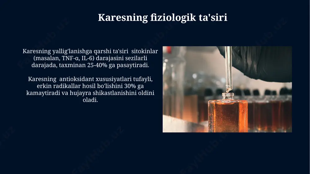 n ic50 qiymati 25 µg/ml atrofida bo'lganligini ko'rsatdi, bu uning antiviral potentsialini bildiradi. karesning tarkibidagi fitokimyoviy birikmalar, masalan, flavonoidlar va fenol kislotalari, bakteriyalar hujayra devorlariga zarar yetkazish orqali va viruslarning replikatsiyasini bostirish orqali ta'sir ko'rsatishi mumkin. tibbiy kimyo fanining asosiy tushunchalari organik birikmalar, masalan, aminokislotalar, uglevodlar va lipidlar kabi 1000 dan ortiq biomolekulalar tibbiyotda diagnostika va davolashda muhim rol o'ynaydi. preparatlarning samaradorligi va toksikologiyasi dori vositalarining kimyoviy tuzilishi, farmakokinetikasi (yutilishi, taqsimlanishi, metabolizmi va chiqarilishi) bilan bevosita bog'liqdir. karesning asab tizimiga ta'siri karesning asab tizimiga ta'siri, xususan, neyrotransmitterlar, masalan, serotonin va dopamin darajasiga 15-25% gacha ta'sir ko'rsatishi mumkin, bu kayfiyat va uyquga ta'sir qiladi. karesning tarkibidagi ba'zi komponentlar 30 mg dan yuqori dozalarda asab hujayralarining o'sishini 10-15% tezlashtirishi mumkinligi haqida dalillar mavjud. karesning kimyoviy tarkibi karesning kimyoviy tarkibi ph darajasini 3,5-4,5 oralig'ida saqlashga yordam beradigan turli xil tamponlash sistemalarini o'z ichiga oladi. bu uning barqarorligini ta'minlaydi. karesning tarkibida 10 dan ortiq …