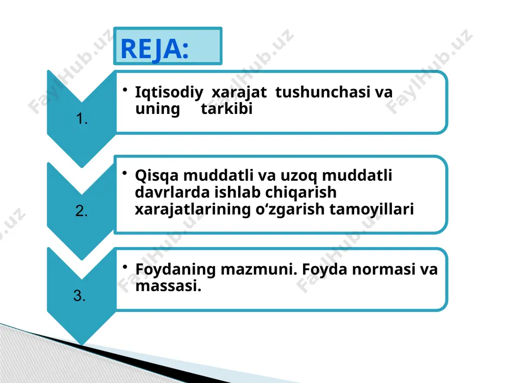 g turkumlanish klasteri qisqa muddatli davr – bu korxonaning faqat o‘zgaruvchi xarajatlari miqdorini o‘zgartirish uchun taqozo etiladigan davrdir uzoq muddatli davr – bu korxonaning ishlab chiqarish quvvatlarini va barcha band bo‘lgan resurslari miqdorini o‘zgartirish uchun yetarli bo‘lgan davrdir qisqa muddatli va uzoq muddatli davrlarda ishlab chiqarish xarajatlarining o‘zgarishi o’rtacha xarajatlar va ularni aniqlash usullari mahsulot (yoki xizmat) birligini ishlab chiqarishga sarflangan xarajatlar o‘rtacha xarajatlar deb ataladi. o’rtacha umumiy xarajatlar (atc) - umumiy yoki yalpi xarajatlarning (tc) ishlab chiqarilgan tovarlar (q) miqdoriga nisbati, ya’ni: atc = tc / q o’rtacha doimiy xarajatlar (afc) - doimiy xarajatlarning (fc) ishlab chiqarilgan tovarlar (q) miqdoriga nisbati, ya’ni: afc = fc / q o’rtacha o‘zgaruvchi xarajatlar (avc) - o’zgaruvchi xarajatlarning (vc) ishlab chiqarilgan tovarlar (q) miqdoriga nisbati, ya’ni: avc = vc / q c fc afc q fc ва afc чизиқлари графиги. c vc q vc ва avc чизиқлари графиги. q1 avc c afc q …