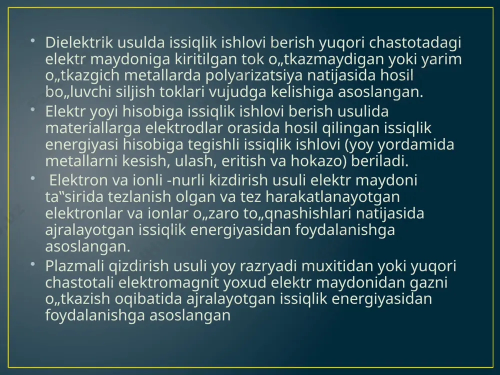 elektrokaloriferlarda izolyatorlarga osib qo„yilishi mo„ljallangan spiralsimon q.e lar qo„llaniladi. 400 k gacha xavo muhitini qizdirish uchun mo„ljallangan elektrokaloriferlarda ten lar qo„llaniladi. 1200 k va undan yuqori darajada „avoni qizdirishida, qizdiruvchi elementi metall trubadan yasalgan elektrokaloriferlar qo„llaniladi. radiatsion qizdirgichlar sanoat va qishloq xo„jaligining turli sohalarida ishlatiladi. ular toifasiga och rangli lampali nurlatgichlar, och rangli kvars nurlatgichlari va to„q rangli nurlatgichlar kiradi elektr qarshilik pechlari elektr qarshilik pechlari (eqp lar) mashinasozlik, metalurgiya, engil va kimyo sanoati, qurilish va kommunal xo„jalikda keng qo„llanilishi munosabati bilan ular turli xil konstruksiyaga ega. ular turli ko„rsatgichlariga ko„ra turlarga bo„linadi. elektr energiyasini issiqlik energiyasiga aylantirilishi usuliga ko`ra eqp lar ikki toifaga bo„linadi, ya‟ni bilvosita ishlovchi eqp lar va bevosita ishlovchi eqp lar. bilvosita ishlolvchi eqp larda elektr energiyasi issiqlik energiyasiga maxsus q.e. larda aylantiriladi va issiqlik qizdirilayotgan maxsulotga issiqlik o`tkazuchanlik, konveksiya va nuli issiqlik uzatish usullarida uzatiladi. elektr qarshilik pechlarining tuzilishi haroratiga ko`ra eqp lar quyidagi guruxlarga …