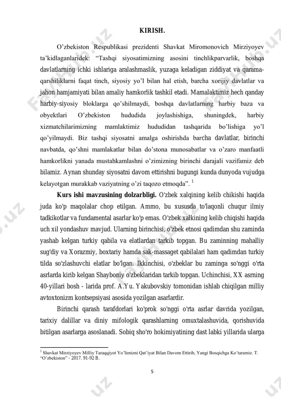 tlararo tinchlik va o'zaro do'stlik rishtalarini mustahkamlashga xizmat etuvchi ilmiy asosli kontsepsiya ishlab chiqish topshirildi. o'rta osiyo xalqlarining, xususan o'zbek xalqining kelib chiqishi haqida ana shunday kontsepsiyani ishlab chiqish sharqshunos-arxeologlar, etnograf - elshunoslar zimmasiga tushdi. kurs ishining ob‟ekti. o‟rta osiyo hududida ix-xvi asr boshlarida yuz bergan etnik jarayonlar va ularni manbalar orqali tavsiflash kurs ishining obyekti hisoblanadi. kurs ishining predmeti. o‟rta osiyo hududida ix-xvi asrlarda yuz bergan etnik jarayonlar, o‟zbek xalqining shakllanishi va etnogenezining rivojlanishini adabiyotlarni tahlil qilgan holda o‟rganish kurs ishining predmeti hisoblanadi. kurs ishining maqsadi. ilmiy adabiyotlar va tarixiy manbalardan foydalangan holda kurs ishining asosiy maqsadi ko‟rsatib berildi. kurs ishining vazifasi. o‟zbekiston tarixida, o‟zbek xalqining shakllanish bosqichlarini manbalar orqali tahlil qilish; sovet davri manbalari; 7 mustaqillik davri manbalari orqali o‟rganish asosiy vazifa qilib olingan. kurs ishining nazariy ahamiyati. tarixshunoslik o‟tmishda kechgan va bugungi kunda sodir bo‟layotgan voqea-hodisalarning odamlar ongida qanday aks etishini, tarixiy adabiyotlar orqali ijtimoiy-tarixiy rivojlanish jarayonini …