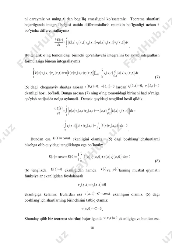 lgan yechimi yagonadir. isbot. bu teoremaning isboti xuddi yuqorida keltirilgan 1-teorema isboti kabi bajariladi. faraz qilaylik (1) to’lqin tenglamasining teorema shartlarini qanoatlantiruvchi yechimi yagona bo’lmasin. xuddi avvalgi kabi shu yechimlardan ixtiyoriy ikkitasini olib, ularning ayirmasini qaraymiz: . u holda funksiya bir jinsli (4) to’lqin tenglamasini va bir jinsli boshlang’ich va 2-tur chegaraviy shartlar (10) ni qanoatlantiradi. endi torninig to’liq mexanik energiyasi va uning bo’yicha differensialini 1-teorema isbotidagi kabi ifodalaymiz . bu holda ham (10) dagi chgaraviy shartlarga asosan (7) tenglikning o’ng tomonidagi o’rniga qo’yishlardan keyin shu had nolga aylanadi. bundan esa ekanligini olamiz. (5) dagi boshlang’ichshartlarni hisobga olib quyidagi tengliklarga ega bo’lamiz: . (6) tenglikda ekanligidan hamda va larning musbat qiymatli funksiyalar ekanligidan foydalansak ekanligiga kelamiz. bulardan esa ekanligini olamiz. (5) dagi boshlang’ich shartlarning birinchisini tatbiq etamiz: . shunday qilib biz teorema shartlari bajarilganda ekanligiga va bundan esa ekanligini olamiz. va yechimlarning ixtiyoriyligidan esa qo’yilgan 2-tur chegaraviy masala teorema shartlari …