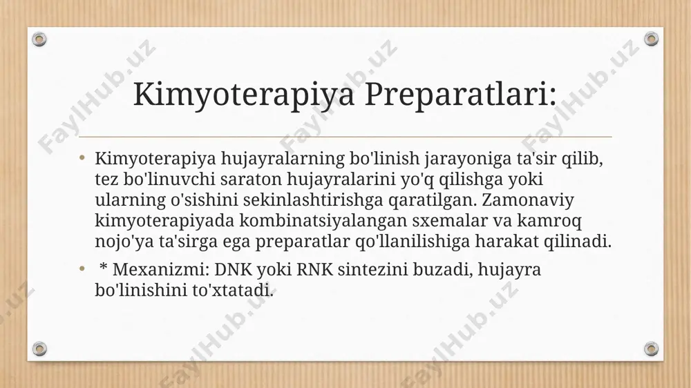 krak bezi, prostata va oshqozon osti bezi saratonlarida. * qo'llanilishi: muayyan genetik markerlarga ega bo'lgan saraton turlarida (o'pka, ko'krak, yo'g'on ichak, teri saratoni (melanoma), leykemiyalar va boshqalar). * asosiy nojo'ya ta'sirlari: teri toshmalari, diareya, charchoq, qon bosimining ko'tarilishi, jigar funksiyasining buzilishi (preparatga qarab farq qiladi). immunoterapiya preparatlari: immunoterapiya organizmning o'z immun tizimini saraton hujayralarini tanib olish va ularga qarshi kurashishga faollashtiradi. bu so'nggi yillardagi eng katta yutuqlardan biri hisoblanadi. * mexanizmi: immun tizimining saraton hujayralariga qarshi "tormozlarini" olib tashlaydi yoki immun hujayralarni saratonga qarshi kurashishga o'rgatadi. * turlari va misollari: * immun nazorat nuqtasi ingibitorlari (checkpoint inhibitors): saraton hujayralari ko'pincha immun tizimdan yashirinish uchun immun nazorat nuqtalaridan foydalanadi. bu preparatlar ushbu nazorat nuqtalarini bloklab, immun tizimining saratonga hujum qilishiga imkon beradi. * pd-1/pd-l1 ingibitorlari: pembrolizumab (keytruda), nivolumab (opdivo), atezolizumab (tecentriq), durvalumab (imfinzi). melanoma, o'pka saratoni, buyrak saratoni, qovuq saratoni, bosh va bo'yin o'smalari va boshqa ko'plab saratonlarda qo'llaniladi. * ctla-4 …