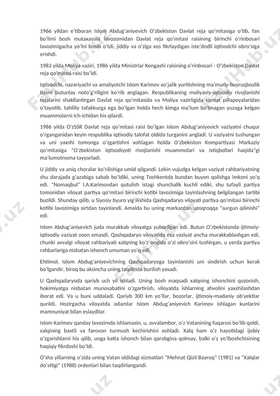 ktab yillarida, institutda, ishlab chiqarishdagi mehnat faoliyatida va iqtisodiy ta’lim olayotganida va dissertatsiyasini himoya qilganida ham u o‘z kuchi va bilimiga tayandi. u ishlab chiqarishdan ajralmagan holda ta’lim oldi. aynan shu tarzda 1967 yilda u toshkent xalq xo‘jaligi institutining kechki bo‘limini tamomladi. 1973 yilda toshkent xalq xo‘jaligi institutida “o‘zbekiston ssr sanoatining tarmoq tuzilishi va uni takomillashtirishning asosiy yo‘nalishlari” mavzusida nomzodlik dissertatsiyasini himoya qildi. 1975 yilda moskvada nufuzli xalq xo‘jaligi boshqaruvi institutida iqtisodiy-matematik usullar va hisoblash texnikasini qo‘llagan holda ishlab chiqarish va rejalashtirishni boshqarish, tashkil qilish zamonaviy usullari sohasi bo‘yicha tahsil oldi. 1994 yilda unga iqtisod fanlari doktori ilmiy darajasi, “makroiqtisodiyot” ixtisosligi bo‘yicha professor ilmiy unvoni berildi. u o‘zbekiston fanlar akademiyasining “iqtisodiyot” ixtisosligi bo‘yicha haqiqiy a’zosi etib saylandi. 1966 yildan e’tiboran islom abdug‘aniyevich o‘zbekiston davlat reja qo‘mitasiga o‘tib, fan bo‘limi bosh mutaxassisi lavozomidan davlat reja qo‘mitasi raisining birinchi o‘rinbosari lavozimigacha yo‘lni bosib o‘tdi, jiddiy va o‘ziga xos fikrlaydigan iste’dodli iqtisodchi obro‘siga …